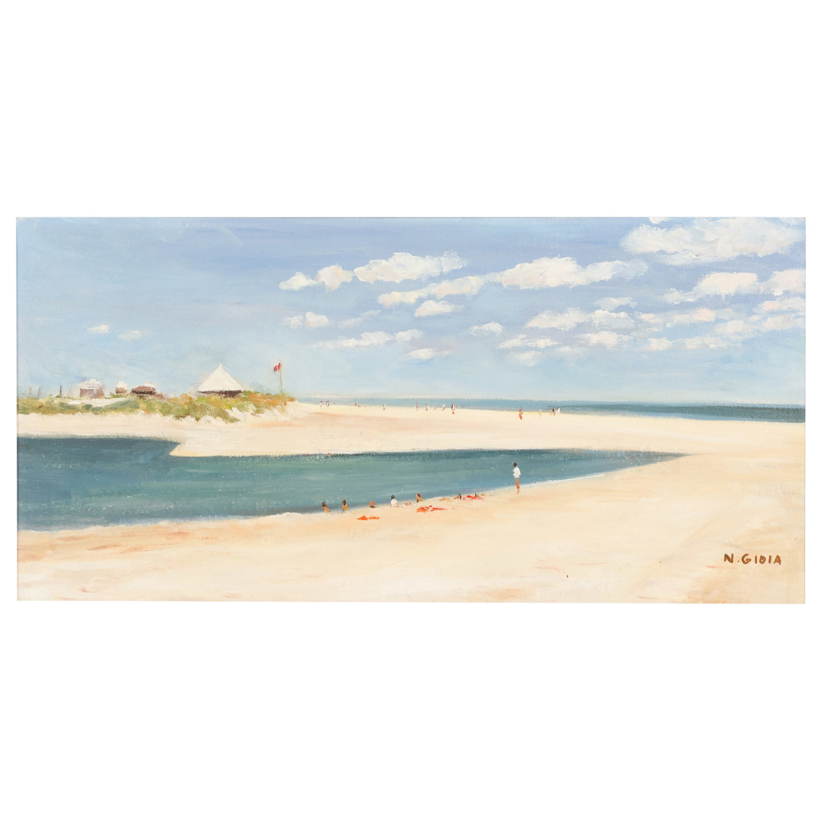 Nicky Gioia Mitchell 1930-2020 Shoreline Painting: Nicky Gioia Mitchell (Italian/American, 1930-2020), oil on canvas depicting a tranquil coastal landscape with sandy shoreline, calm blue waters, and an expansive sky with scattered clouds. Signed lowe