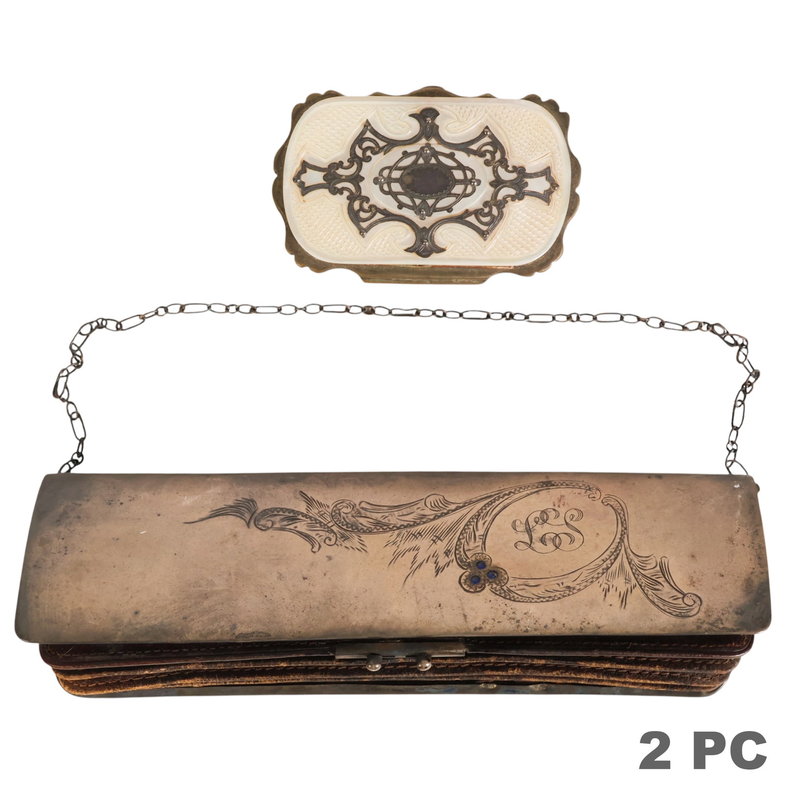 Antique Russian Silver and MOP Change Purses 2pc: Two antique Victorian accessories comprising a Russian-style silver accordion purse with engraved foliate decoration, monogrammed cartouche, and blue stone accent, together with a mother-of-pearl and 