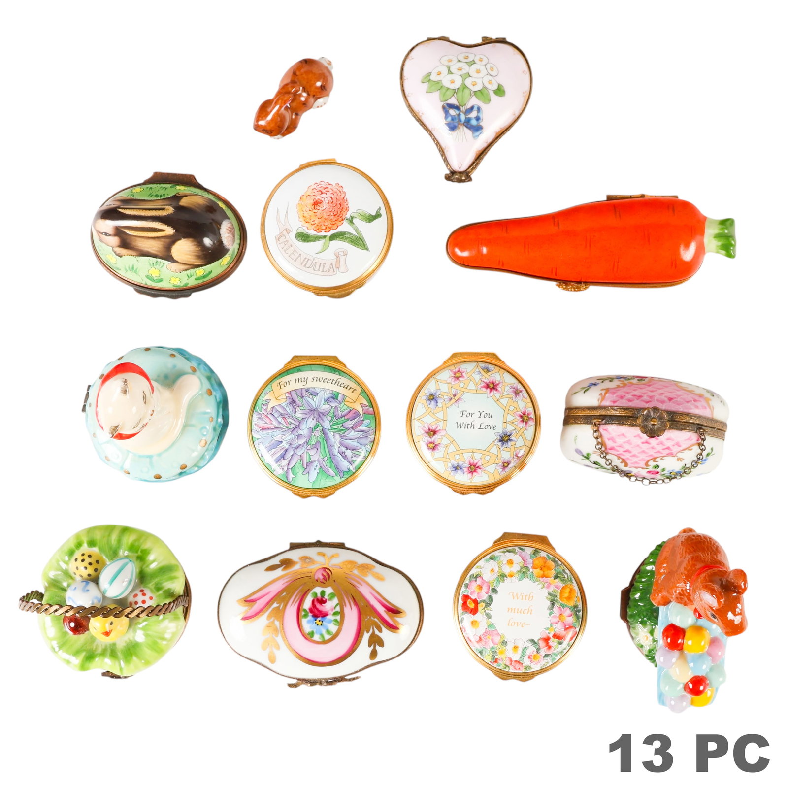 Limoges Porcelain & Halcyon Days Enamel Boxes LOT: Twelve-piece collection of assorted porcelain and enamel trinket boxes, including examples signed Halcyon Days Enamels England, one TKS Birmingham enamel box, a rabbit-form enamel box with no visible 
