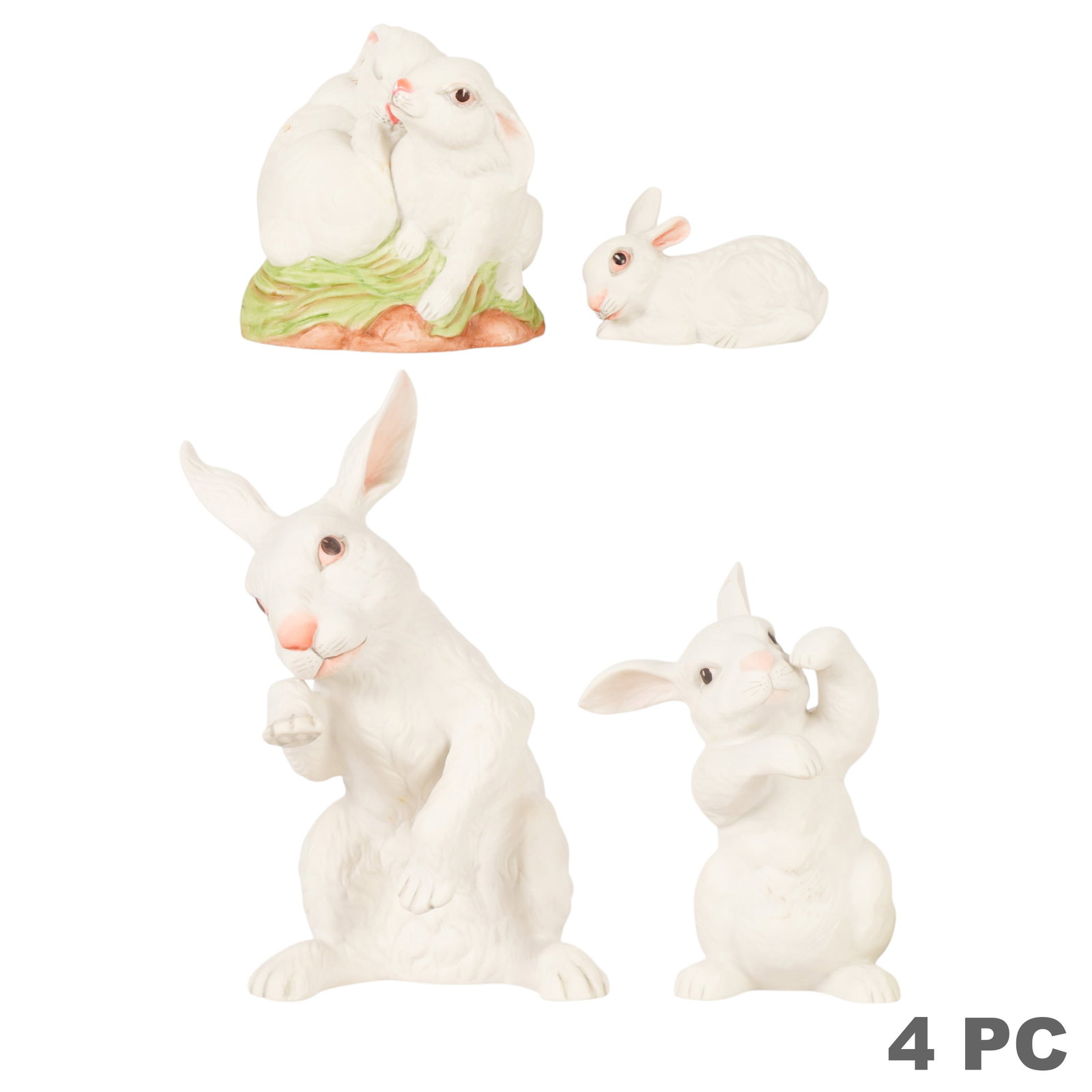 Boehm American Bisque Figural Bunny Rabbit 4pc LOT: Lot of four Boehm porcelain rabbit figurines, including examples titled Rabbit Standing, Rabbit with Young, and Snuggling Rabbits, all marked Boehm and Made in U.S.A. The group features assorted white