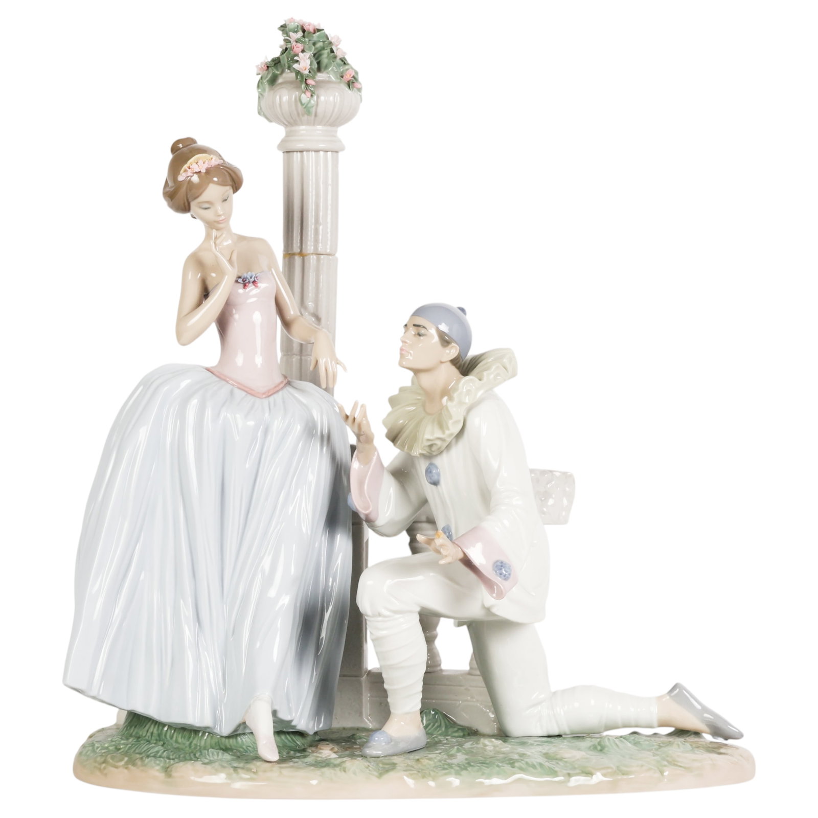 Lladro Pierrots Proposal Figural Group Sculpture: Lladro Pierrot's Proposal porcelain figural group, model #01006375, designed by Miguel Angel Santaeulalia and issued in 1997. This glazed Spanish porcelain composition depicts a romantic Pierrot clown