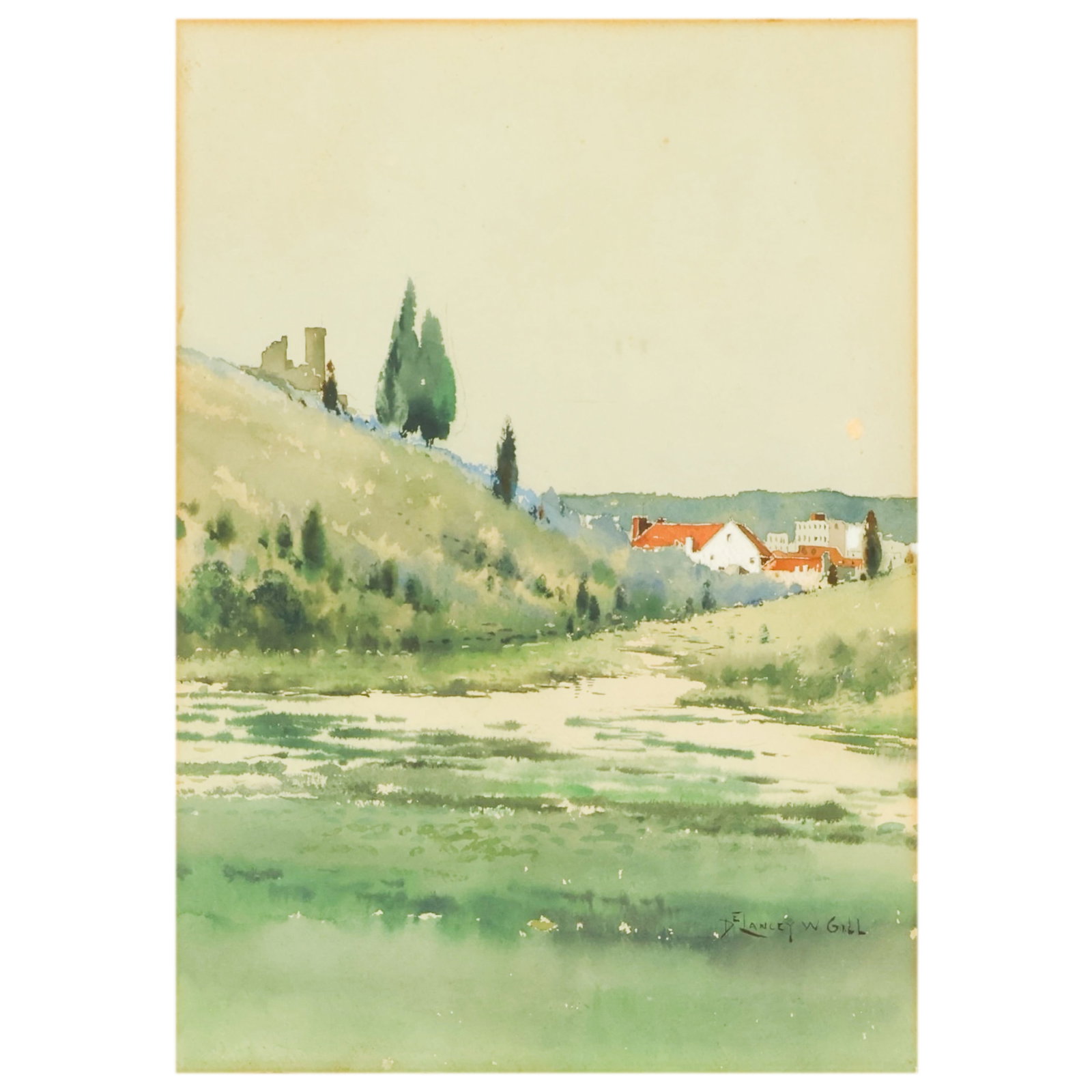 DeLancey W. Gill (1859-1940) Watercolor Landscape: DeLancey Walker Gill (American, 1859-1940), watercolor on paper landscape painting depicting a quiet countryside scene with rolling hills, distant architecture, and cypress trees beneath an open sky. 