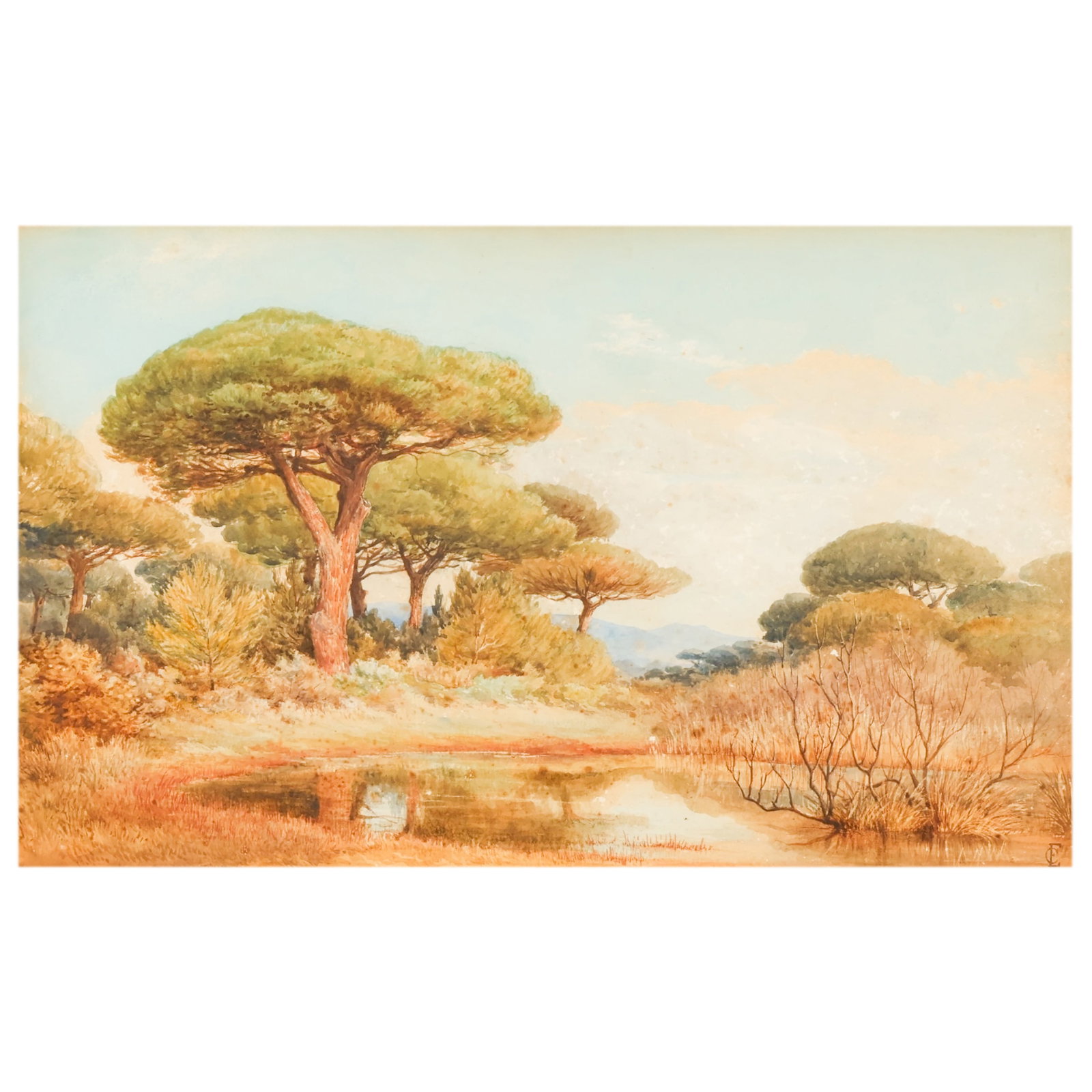 Josef C. Ettinger 1805-1860 Landscape Watercolor: Josef Carl Ettinger (German, 1805-1860), landscape watercolor painting on paper depicting a tranquil countryside scene with tall umbrella pines, reflective water, and distant mountainous terrain benea