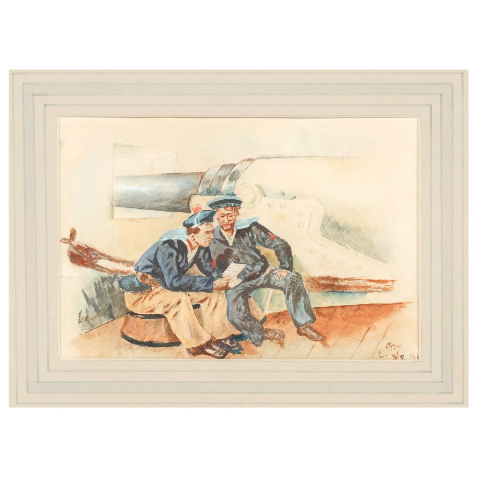 Elizabeth Butler 1851-1933 Two Sailors Watercolor: Elizabeth (Lady Elizabeth Southerden Thompson Butler) Butler (Swiss/Irish, 1851-1933) watercolor on paper depicting two seated sailors in uniform reading correspondence aboard a ship. The composition 