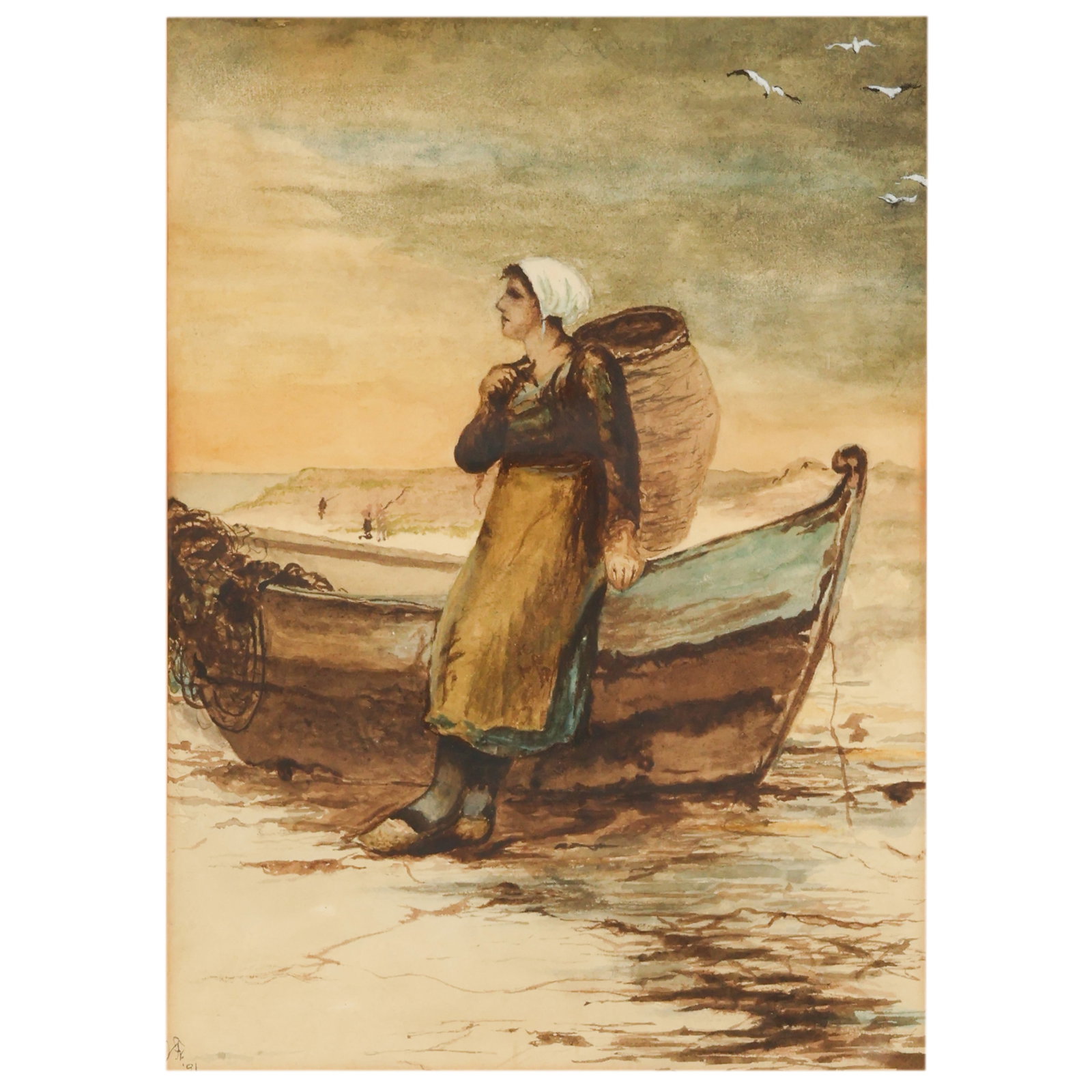 James W Freeth 1872-1949 Fisherwoman Watercolor: James Wilfred Freeth (British, 1872-1949), watercolor on paper depicting a coastal figure standing beside a small fishing vessel along the shoreline. The composition features a muted palette with soft