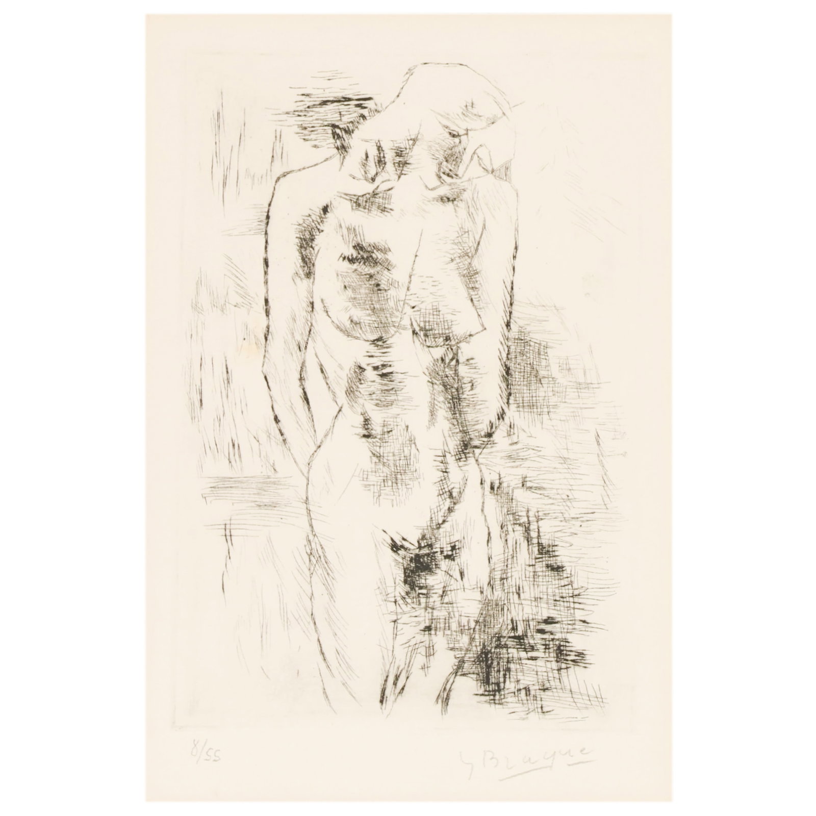 Georges Braque 1882-1963 "Nude" Engraving SIGNED: Georges Braque (French, 1882-1963), etching on paper titled "Etude de nue" ("Nude Study"), depicting a standing female nude rendered in expressive linear form. The composition relates to the artist’