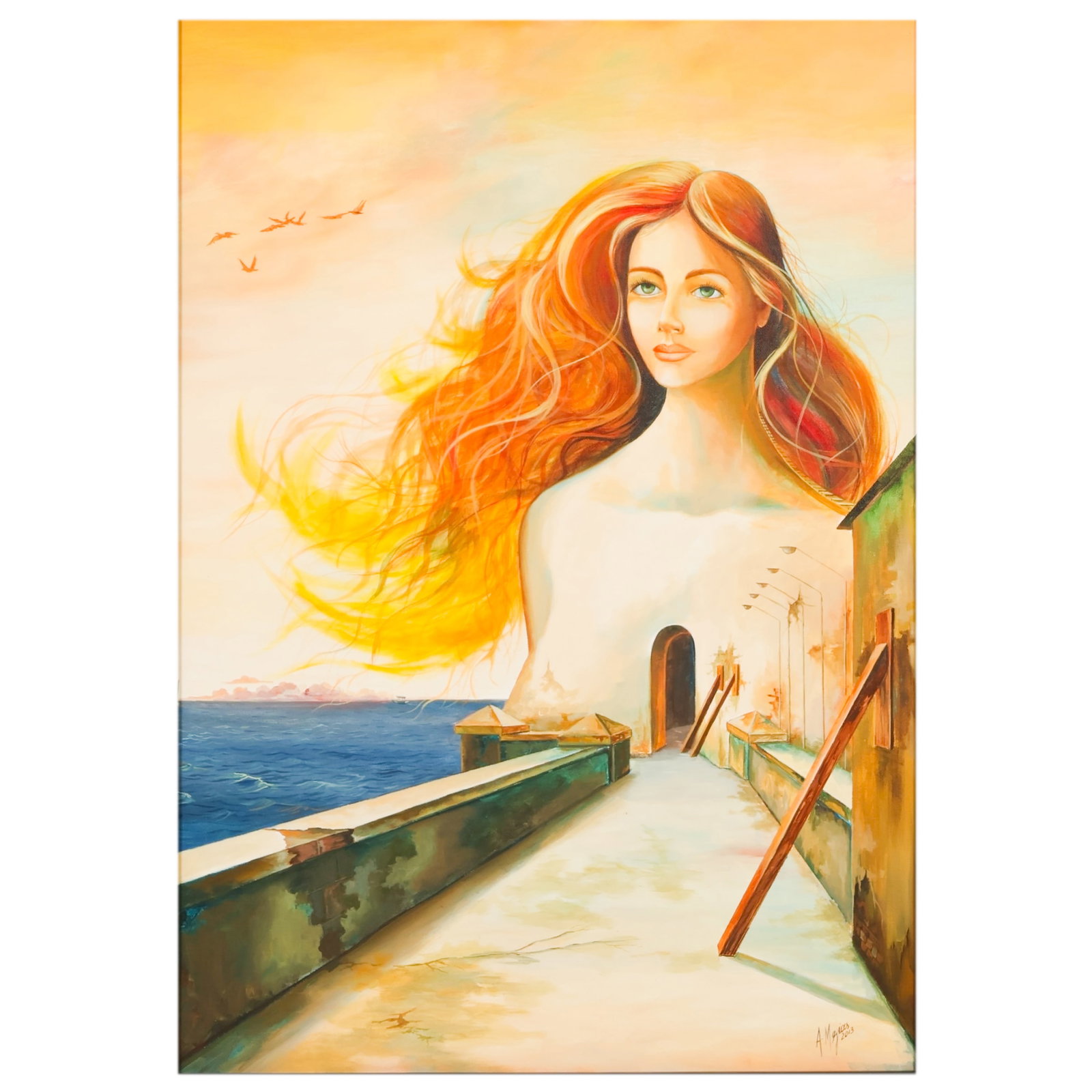 Armando Mejias b1963 Surrealist Woman Oil Painting: Armando Mejias (Cuban, born 1963), oil on canvas depicting a Surrealist coastal scene featuring a monumental female figure whose torso transforms into a cave-like passageway and walkway set beside the