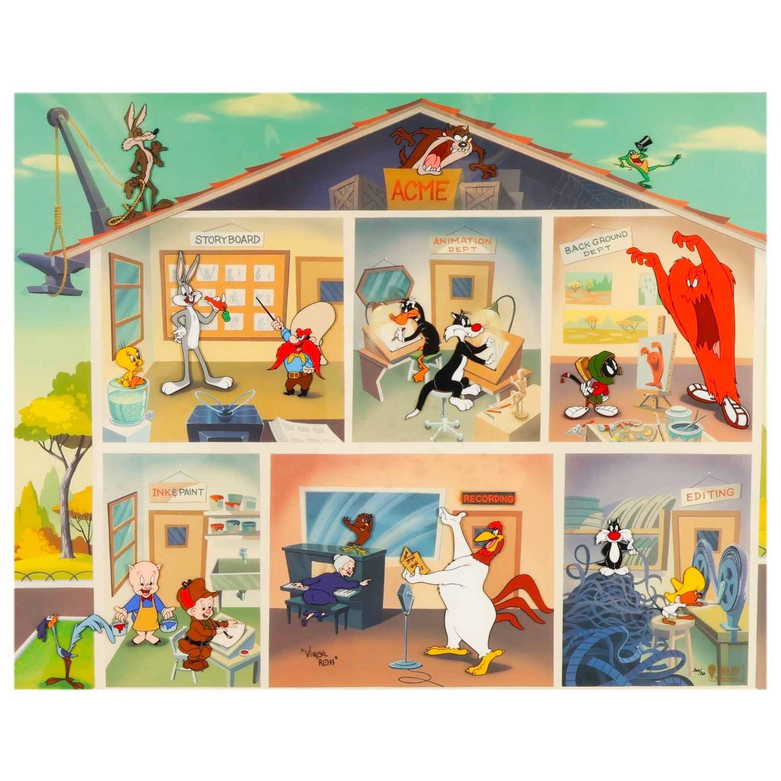 Virgil Ross Looney Tunes Looney Bin Animation Cel: Virgil Ross (American, 1907-1996), Looney Bin, limited edition hand-painted animation cel depicting an interior Warner Bros. animation studio scene populated with iconic Looney Tunes characters includ