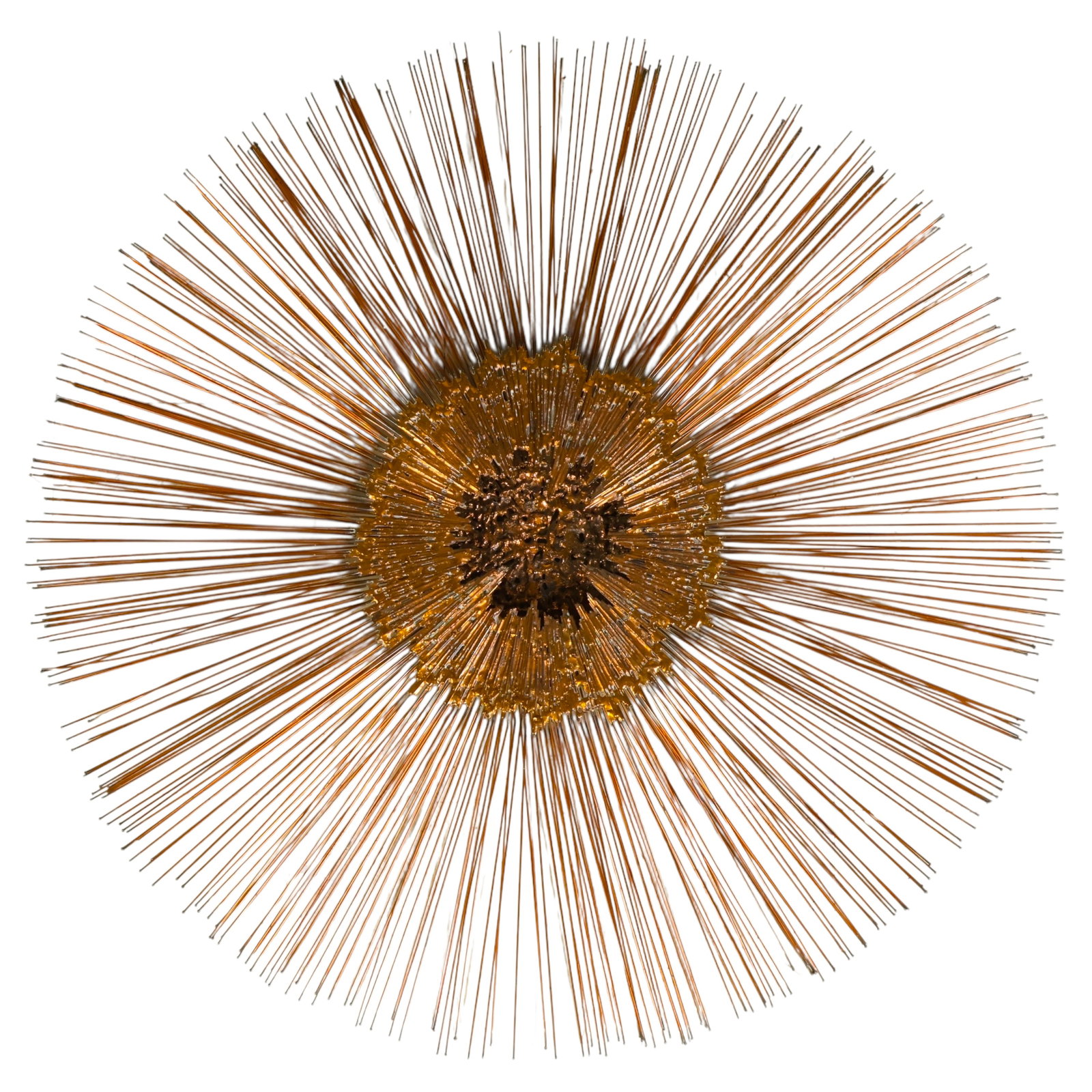 Jere Style Metal Radiating Sunburst Wall Sculpture: Mid-Century Modern wall sculpture in the manner of Curtis Jere, constructed of radiating brass-tone metal rods surrounding a heavily textured brazed central element. The dramatic starburst form reflec