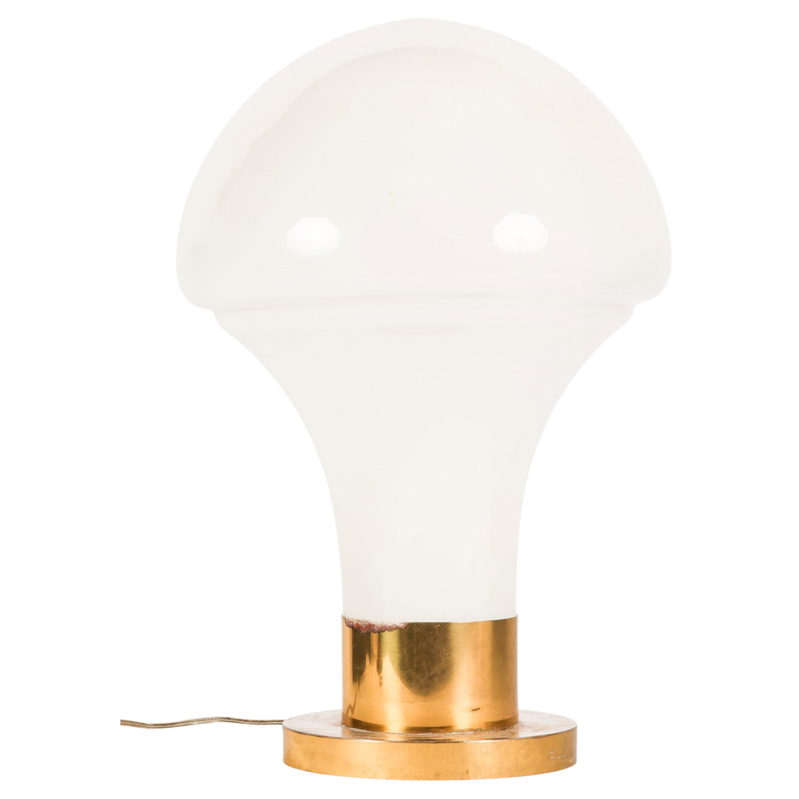 Modern Designer Italian Glass Mushroom Table Lamp: A sculptural table lamp in the Mid-Century Modern style, featuring a mushroom-form opaque molded glass dome shade raised on a circular metal base. It is fitted with a single light socket. There are no