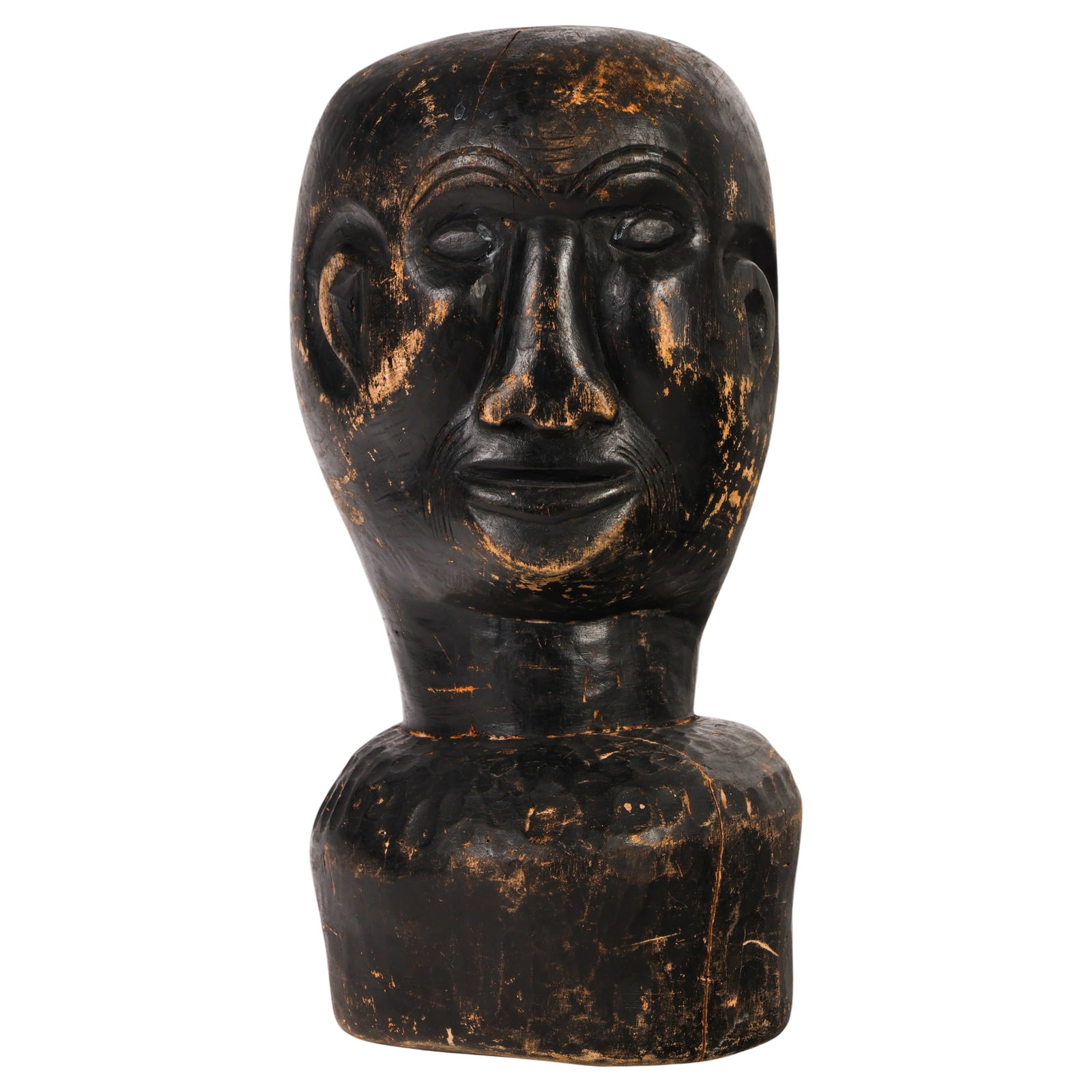 African Folk Art Carved Ebony Wood Head Sculpture: West or Central African carved wood folk art head sculpture featuring an elongated stylized form with carved facial details and a dark ebonized finish. Hand-carved from dense hardwood with an integrat