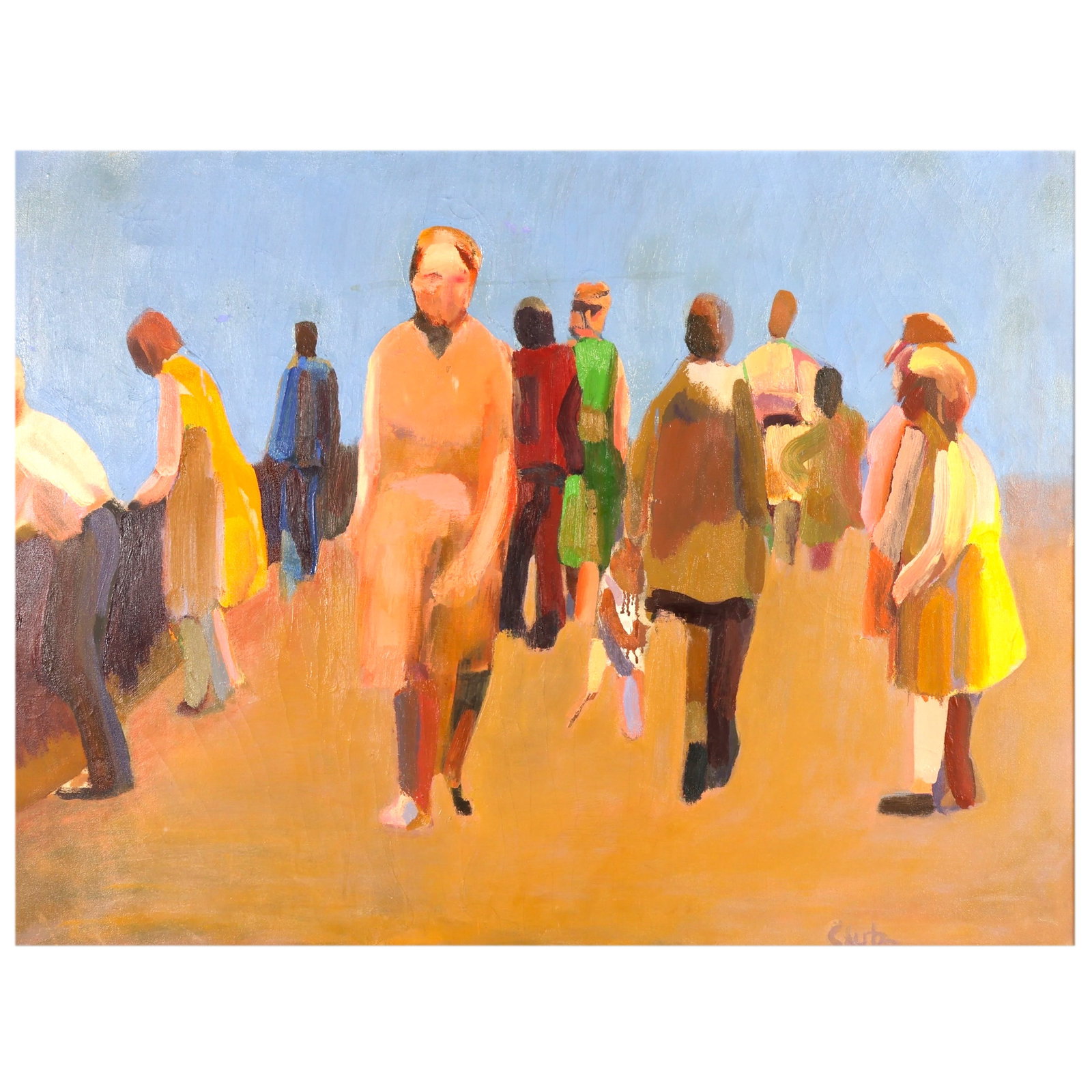 William Clutz 1933-2021 Mod Figural Genre Painting: William Clutz (American, 1933-2021), oil on canvas depicting a stylized figural composition with faceless personages rendered in the artist's distinctive Modernist style, featuring simplified forms an