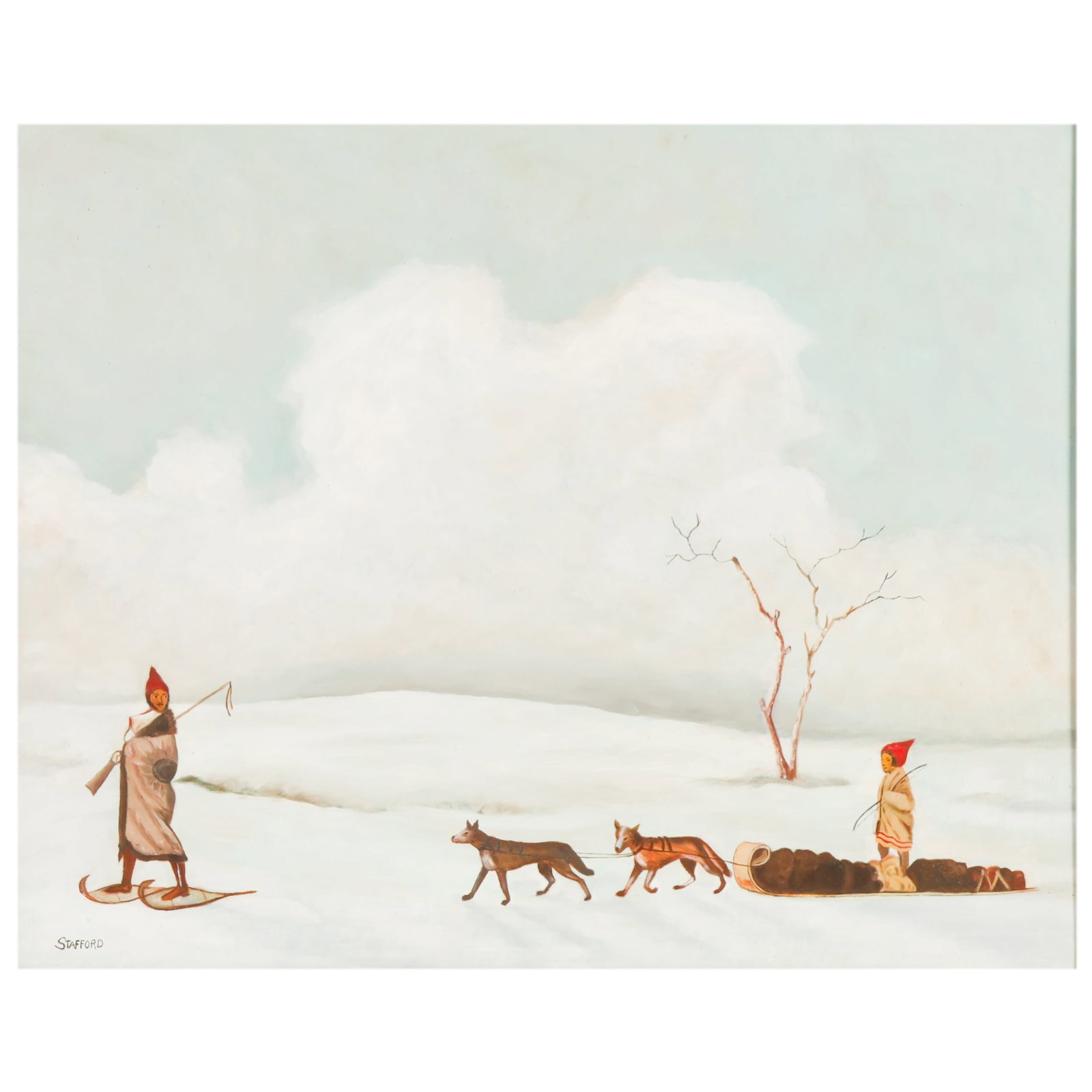 Faye Stafford 20C Figural Sled Dog Scene Painting: Faye Stafford (American, 20th/21st century), folk art oil on canvas depicting a winter snowscape with figures in traditional attire, a dog sled team, and an expansive snowy landscape beneath towering 