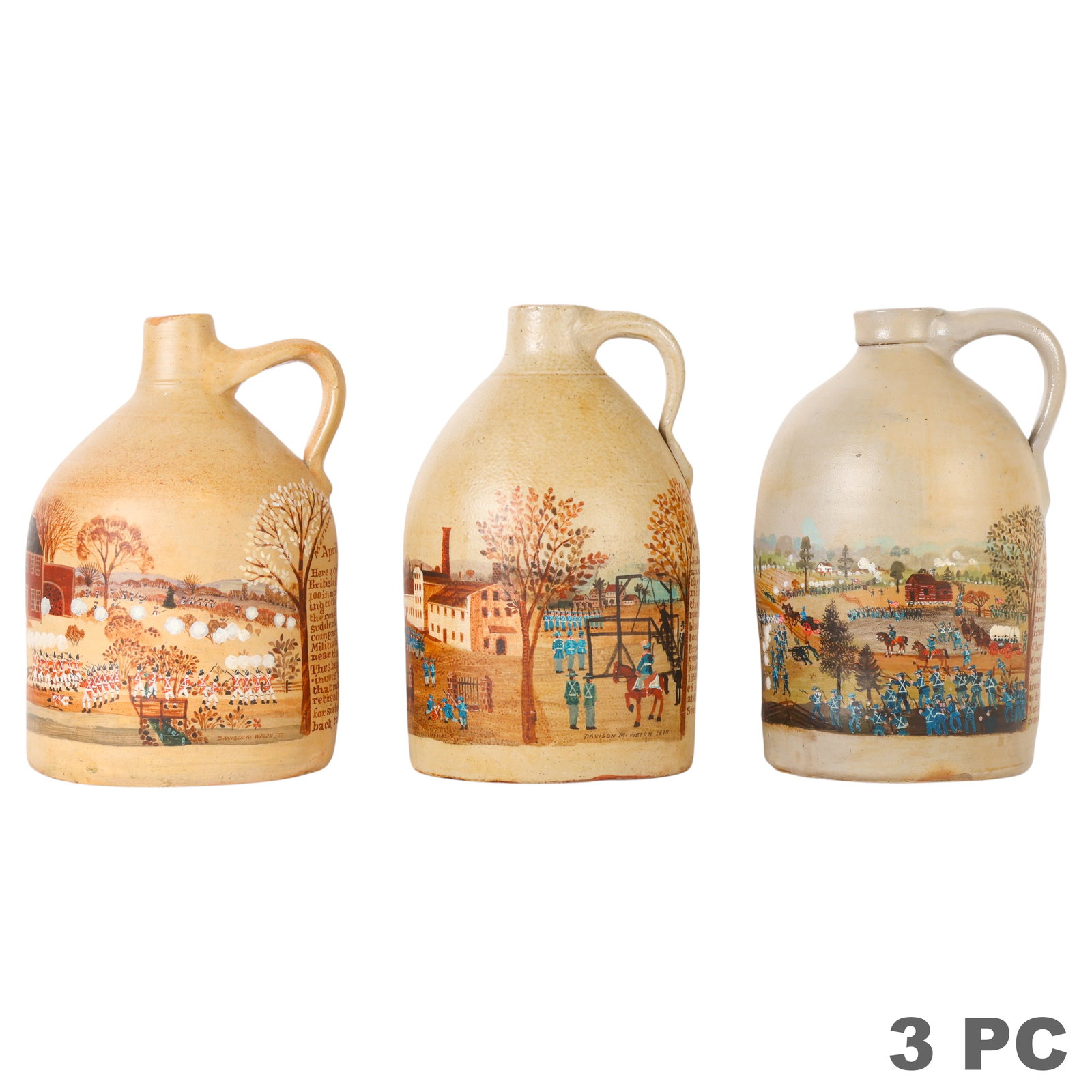 Davison M Welch Folk Art Painted Stoneware Jug 3pc (1 of 6)