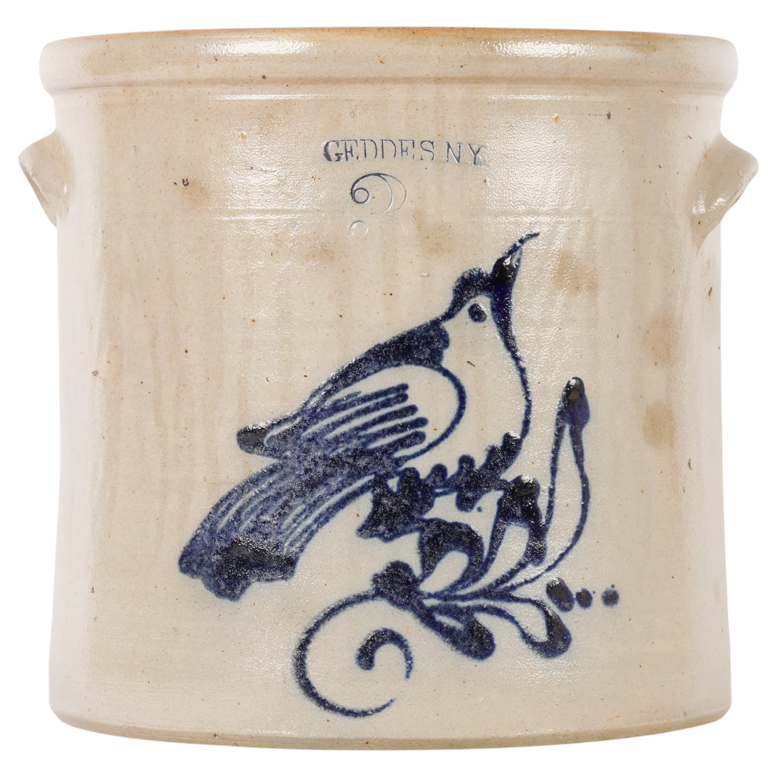 Antique Geddes N.Y. Stoneware "3" Bird Crock Pot: Antique American salt-glazed stoneware crock bearing the impressed and cobalt-highlighted "GEDDES N.Y." and capacity mark "3," decorated with a hand-painted cobalt blue bird perched among scrolling fo