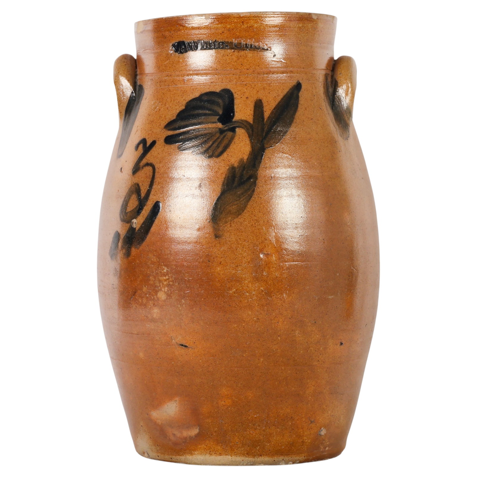 Antique Whites Utica Stoneware Crock with Flowers: Antique J Whites Utica American salt-glazed stoneware crock featuring an impressed maker's mark and hand-painted cobalt blue floral decoration. to the front. The vessel displays an ovoid form with app