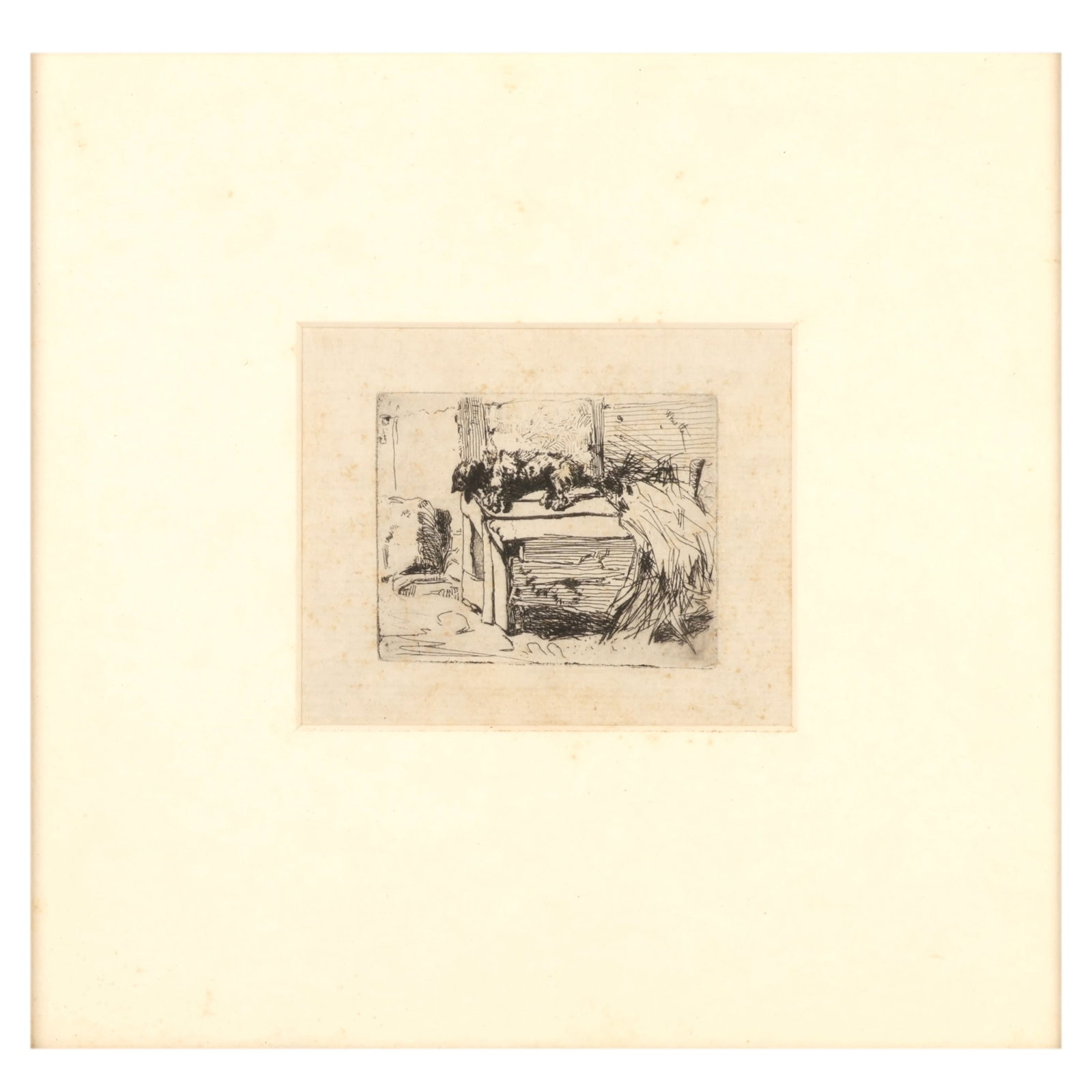 James Whistler 1834-1903 Dog on the Kennel Etching: James Abbott McNeill Whistler (American, 1834-1903), "The Dog on the Kennel," antique etching on paper depicting a resting dog reclining atop a cushioned surface beside a cabinet within an interior se
