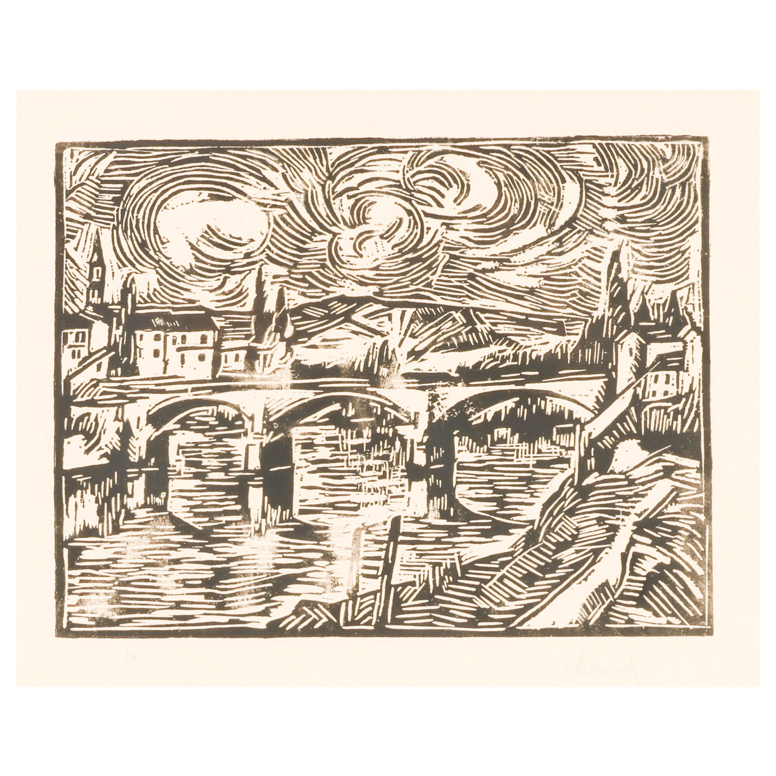 Maurice de Vlaminck 1876-1958 The Bridge Woodblock: Maurice de Vlaminck (French, 1876-1958) Le Pont a Chatou, black and white woodblock print on Japan-type paper. The composition depicts a dramatic riverside townscape with a bridge spanning reflective 
