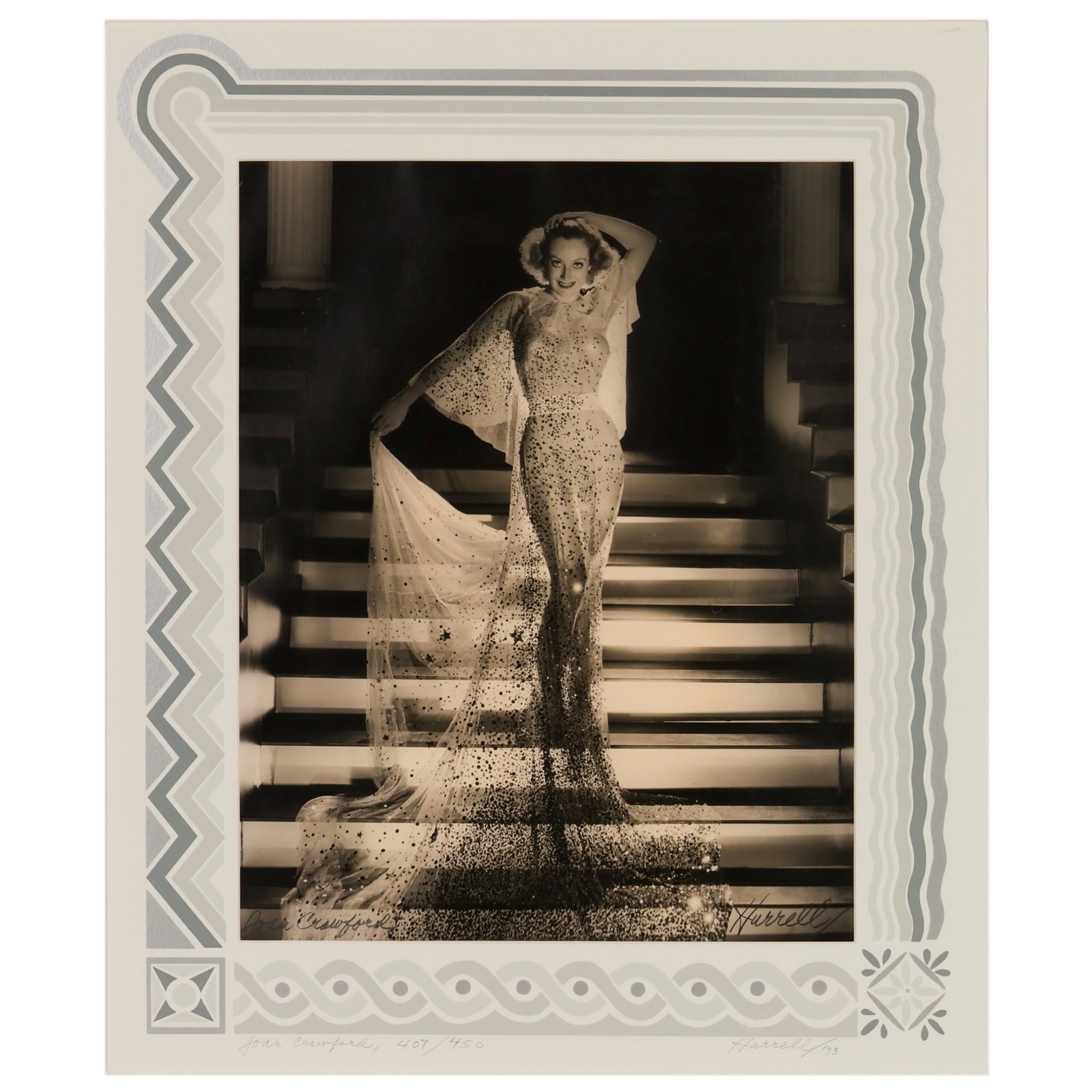 George Hurrell 1904-1992 Crawford B&W Photo SIGNED: George Hurrell (American, 1904-1992), Joan Crawford, 1933, black and white limited edition photographic print depicting the glamorous Hollywood actress in a full-length studio portrait standing upon a