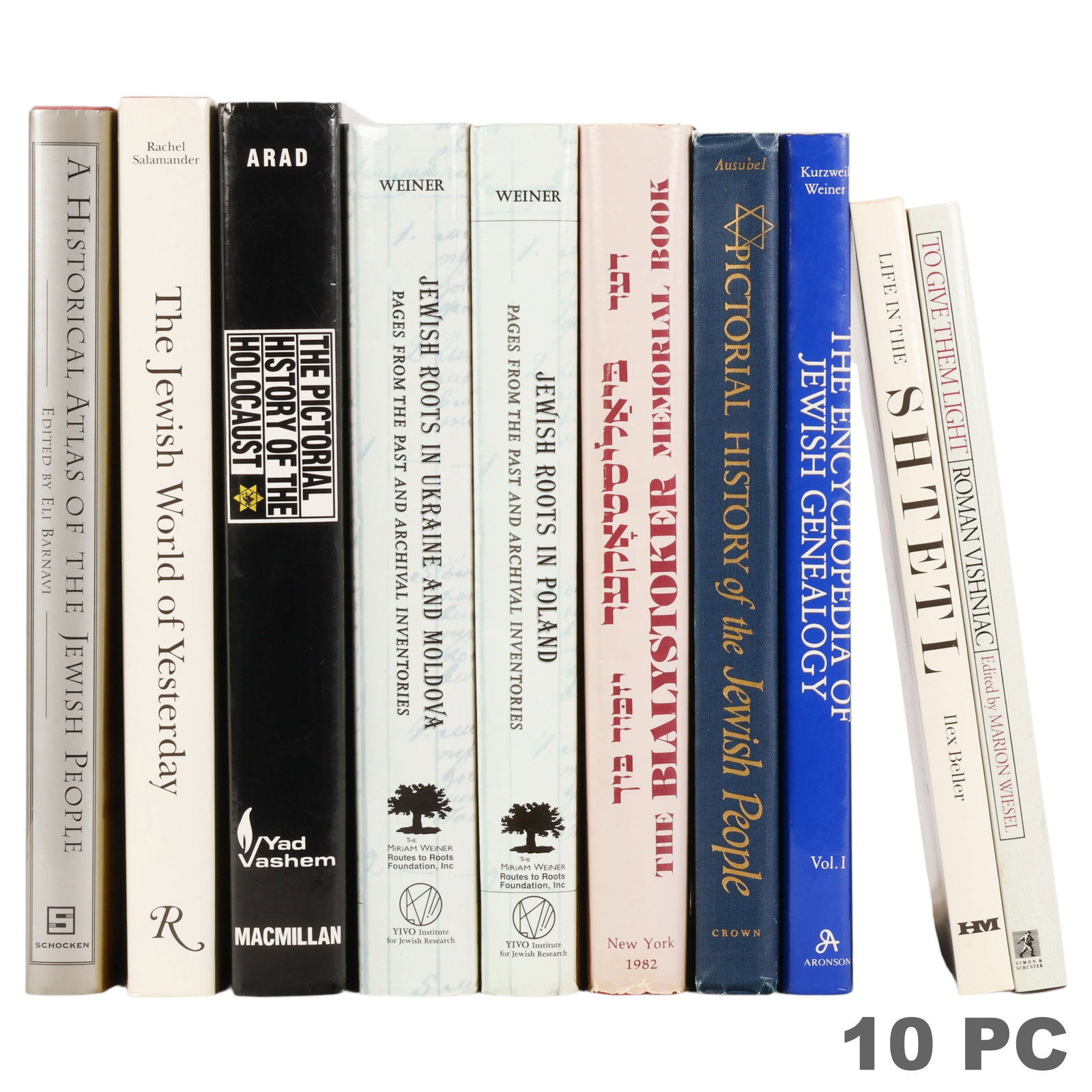 Jewish History & Genealogy Reference Book 10pc LOT: Estate lot of ten books and hardcover volumes relating to Jewish history, genealogy, Holocaust studies, Eastern European Jewish communities, and cultural heritage. Titles include Jewish Roots in Polan