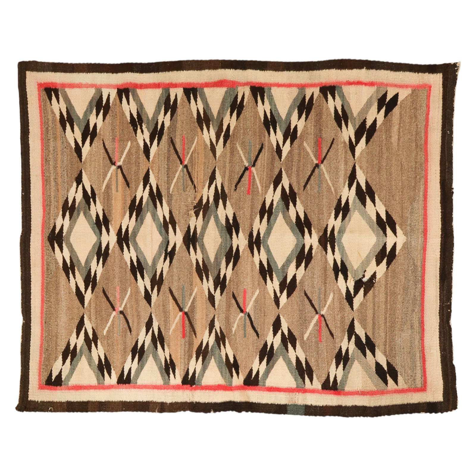 Vintage Handwoven Geometric Native American Carpet: Navajo style handwoven wool rug or textile featuring a geometric diamond motif pattern rendered in gray, cream, black, pale blue, and muted red tones. The composition is bordered with contrasting line
