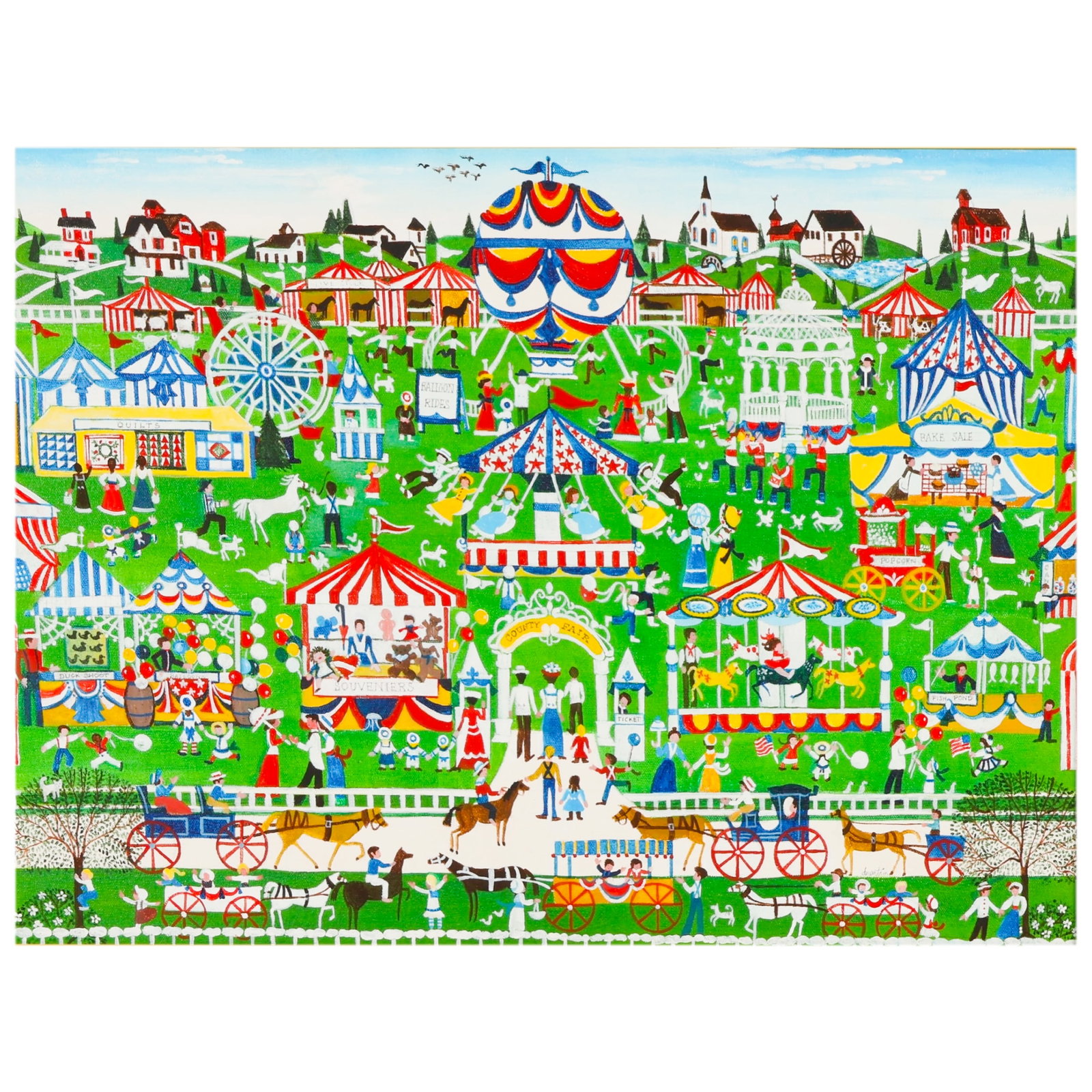Barbara Downtain 20C "Going to the Fair" Painting: Barbara Downtain (American, 20th century), We're Going to the Fair, acrylic on canvas folk art painting depicting a bustling county fair scene filled with carnival tents, amusement rides, horse-drawn 