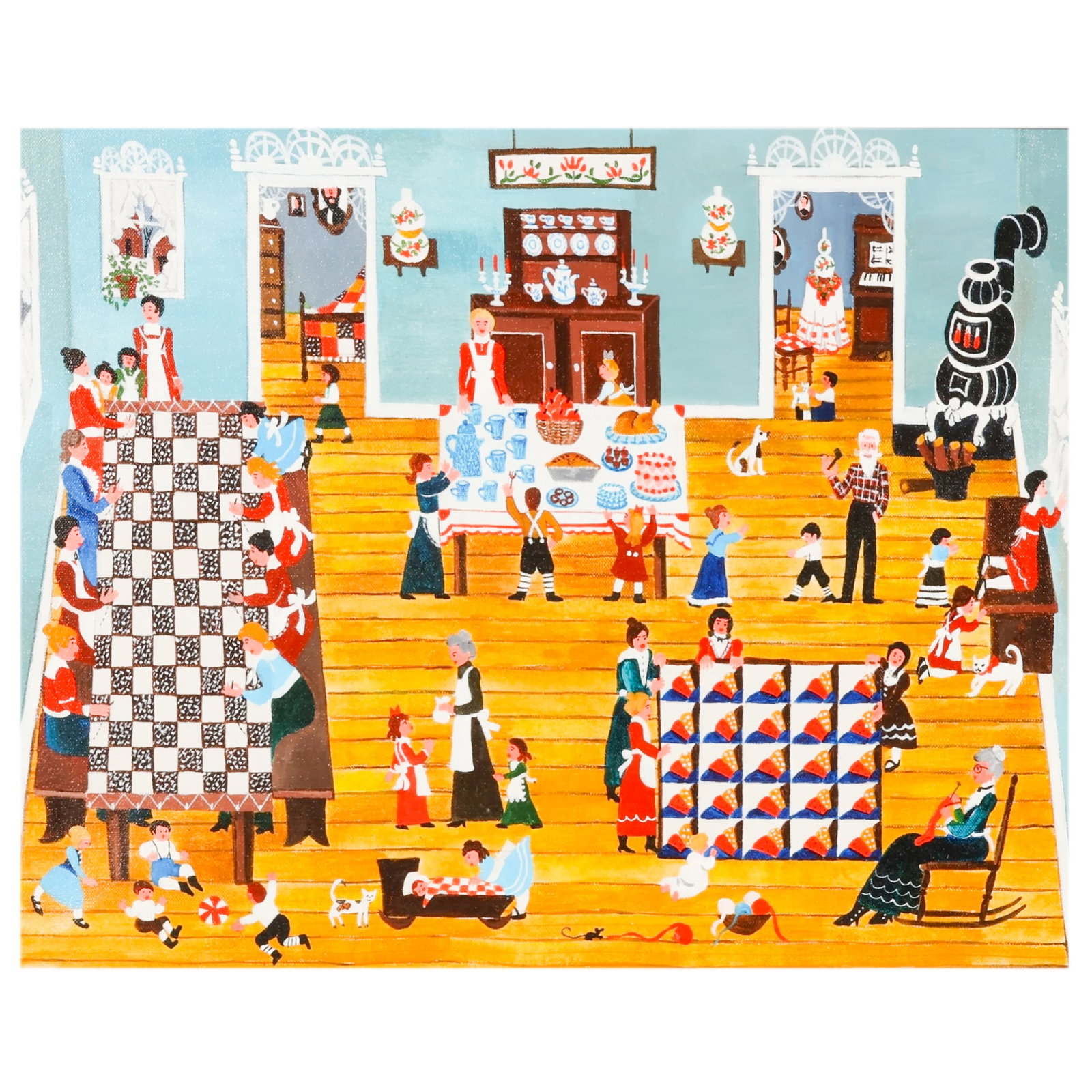 Barbara Downtain 20C "The Quilting Bee" Painting: Barbara Downtain (American, 20th Century), The Quilting Bee, acrylic on canvas folk art painting depicting a farmhouse interior with women quilting, children, family members, furnishings, and domestic