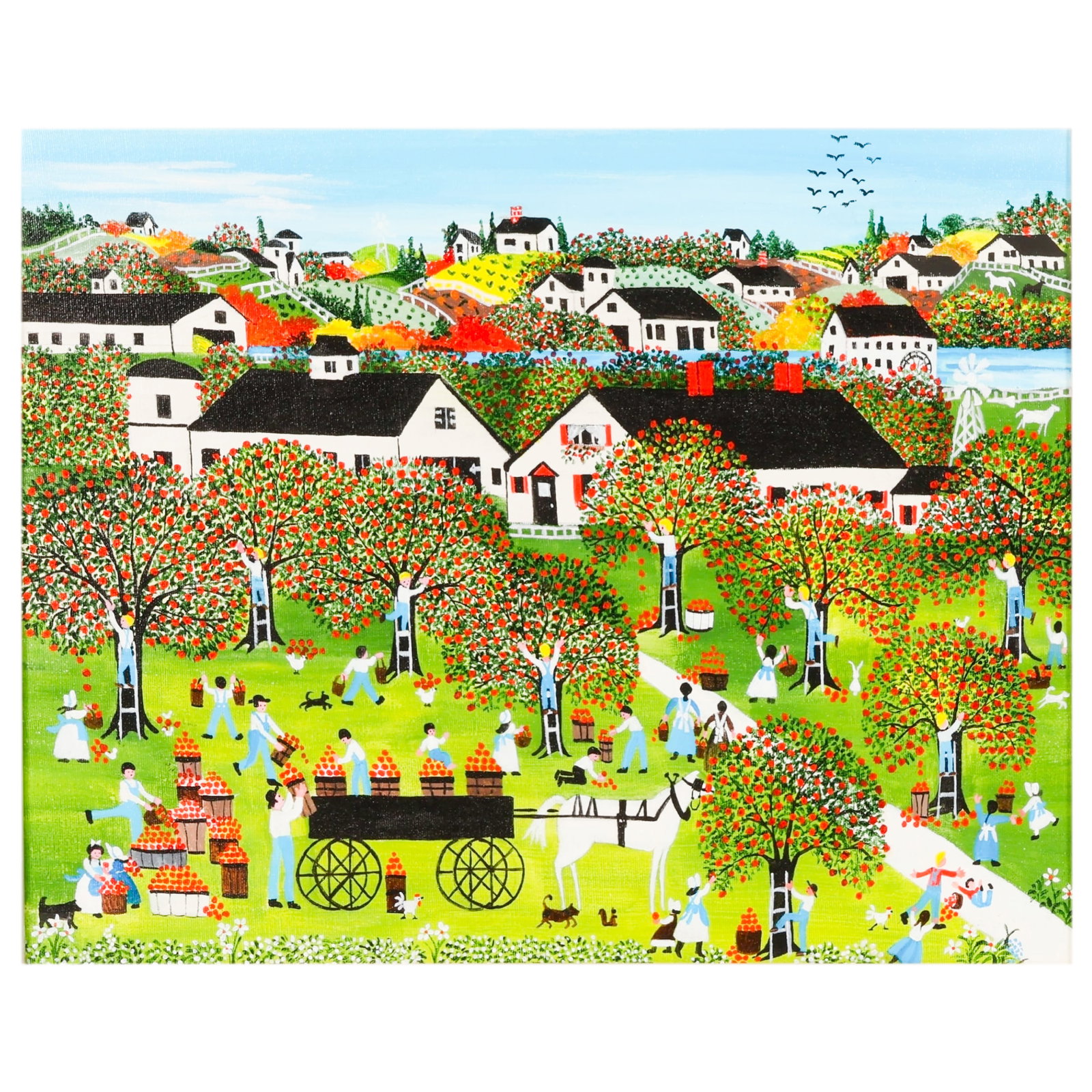 Barbara Downtain 20C Apple "Picking Time" Painting: Barbara Downtain (American, 20th Century), Apple Pickin' Time, acrylic on canvas folk art painting depicting an apple harvest with figures gathering fruit in an orchard setting with farmhouses, rollin