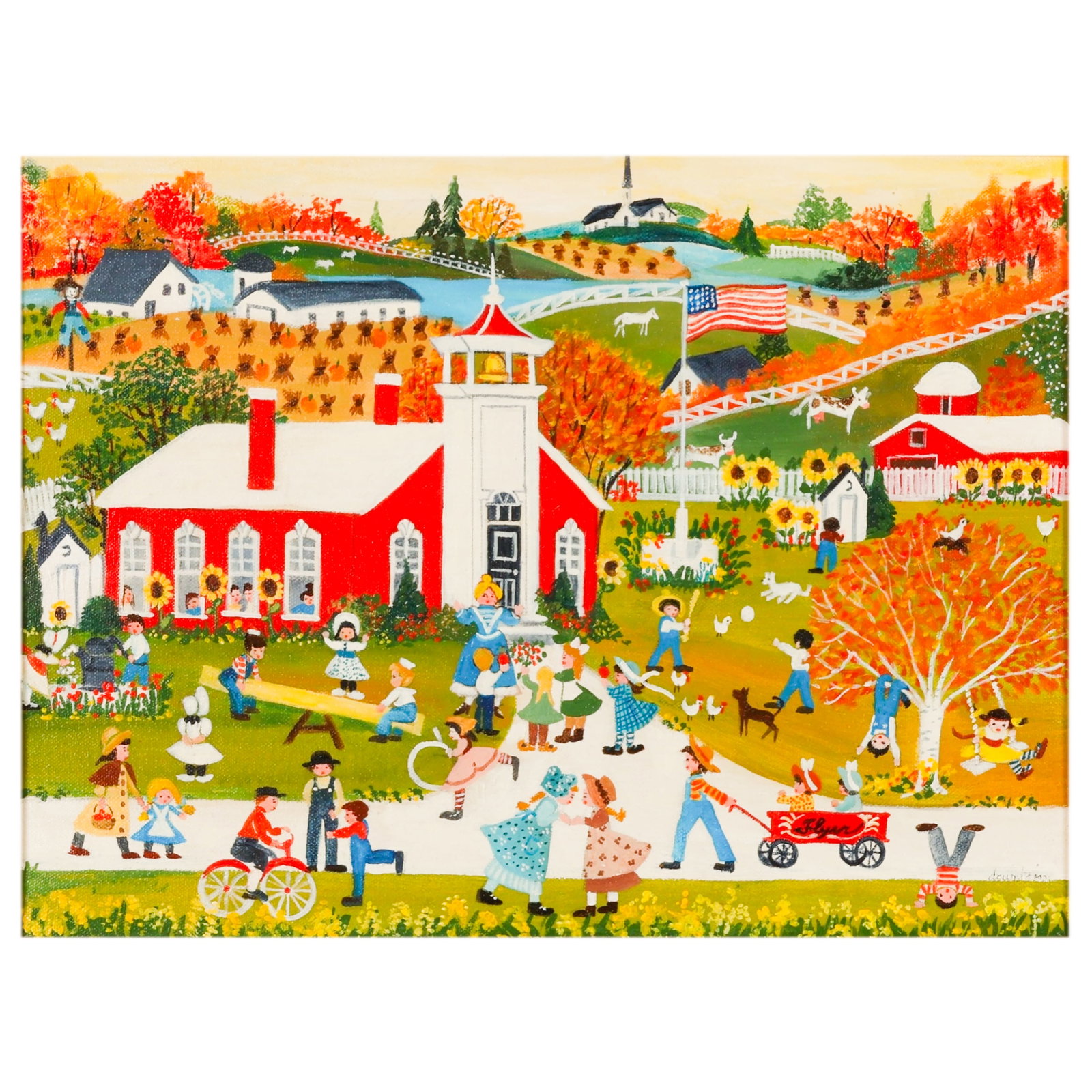 Barbara Downtain 20C Back to School Folk Painting: Barbara Downtain (American, 20th Century), Back To School, 1981, acrylic on canvas folk art painting, depicting a rural schoolhouse setting with children, livestock, agricultural fields, trees, and lo