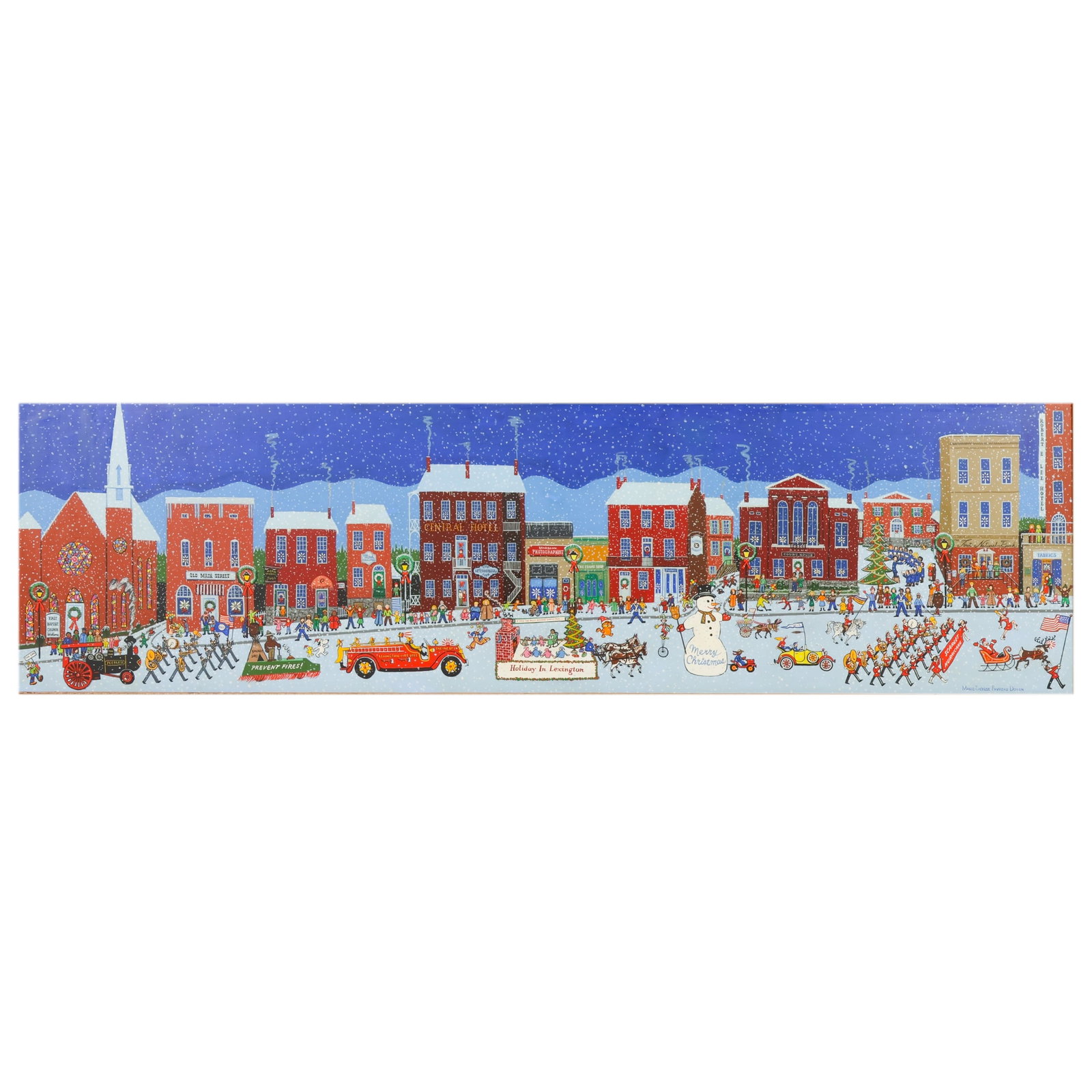 Marie-Therese Favreau Doyon 20C Folk Art Painting: Marie-Therese Favreau Doyon (Canadian, born 1943), Holiday, oil on board depicting a panoramic winter streetscape of historic Lexington, Virginia, with figures, horse-drawn sleighs, period architectur