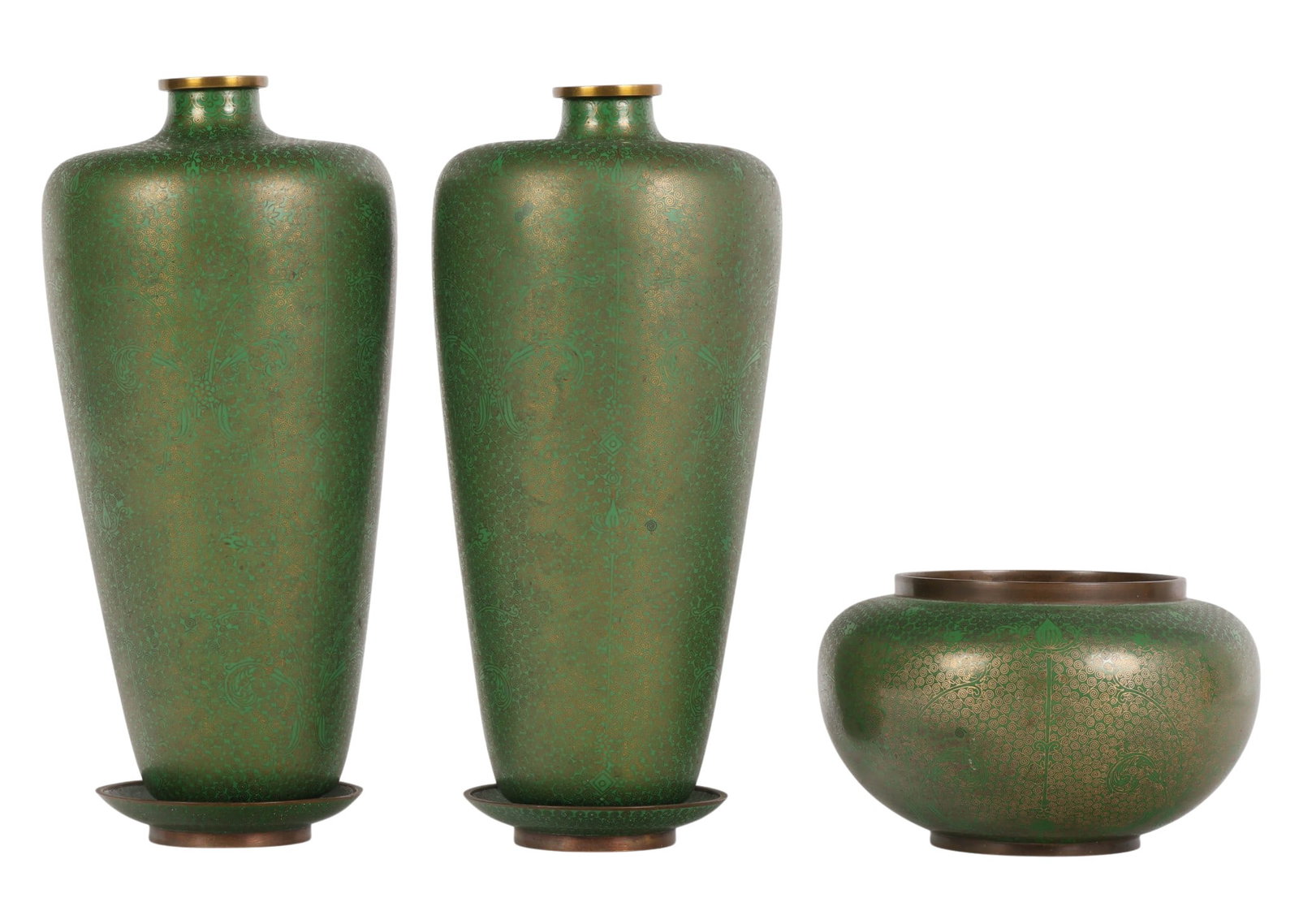 Chinese Green Cloisonne Bowl Vase and Dish 5pc LOT: Five-piece Chinese green cloisonne decorative lot including a pair of baluster-form vases, each decorated with intricate wirework scrolling and floral motifs against a rich mottled green ground. Also 