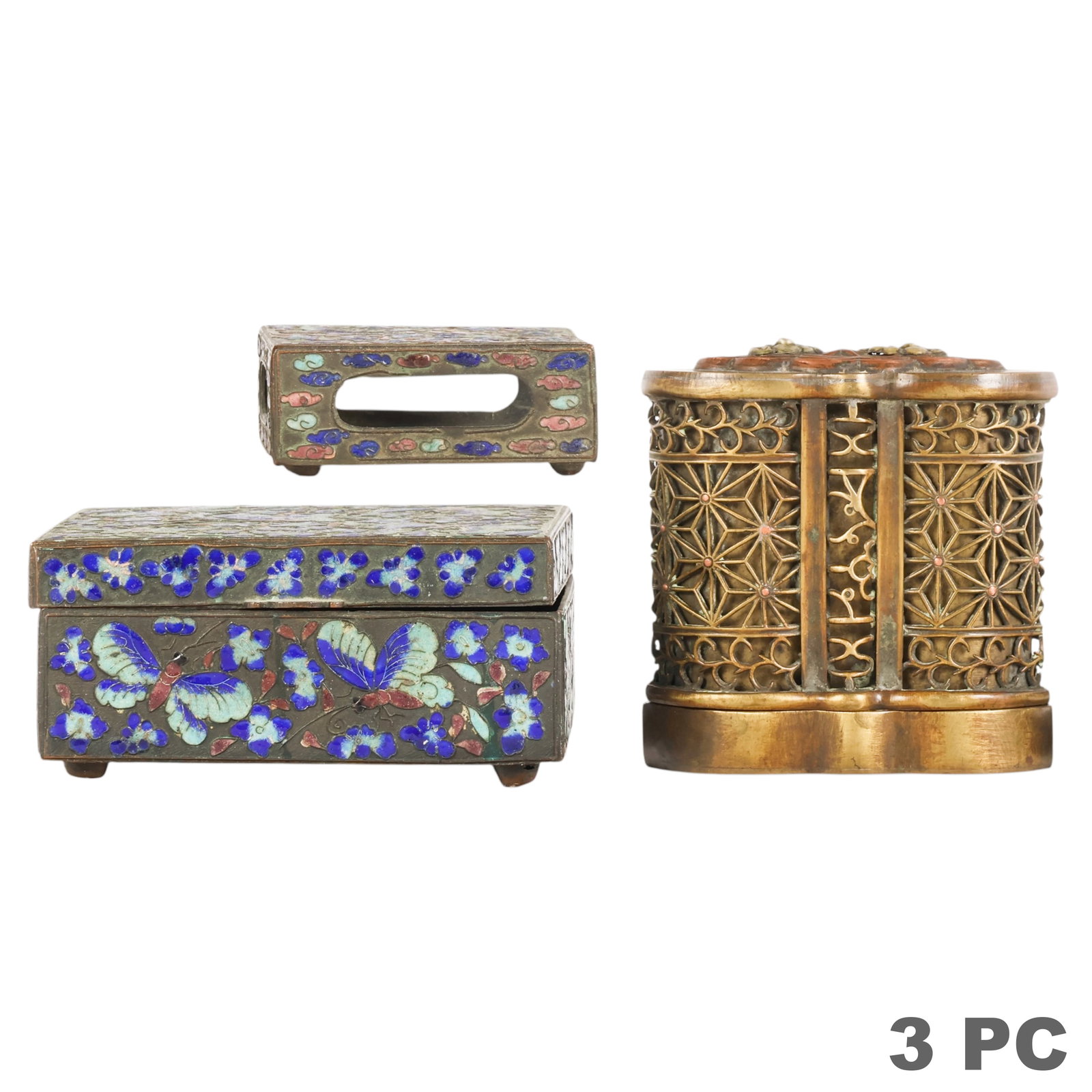 Chinese Cloisonne Box Match Case and Space Box LOT: Group of three Chinese decorative metal articles comprising a cloisonne enamel rectangular trinket box decorated with blue butterflies and floral motifs on a pale ground, a cloisonne enamel match hold