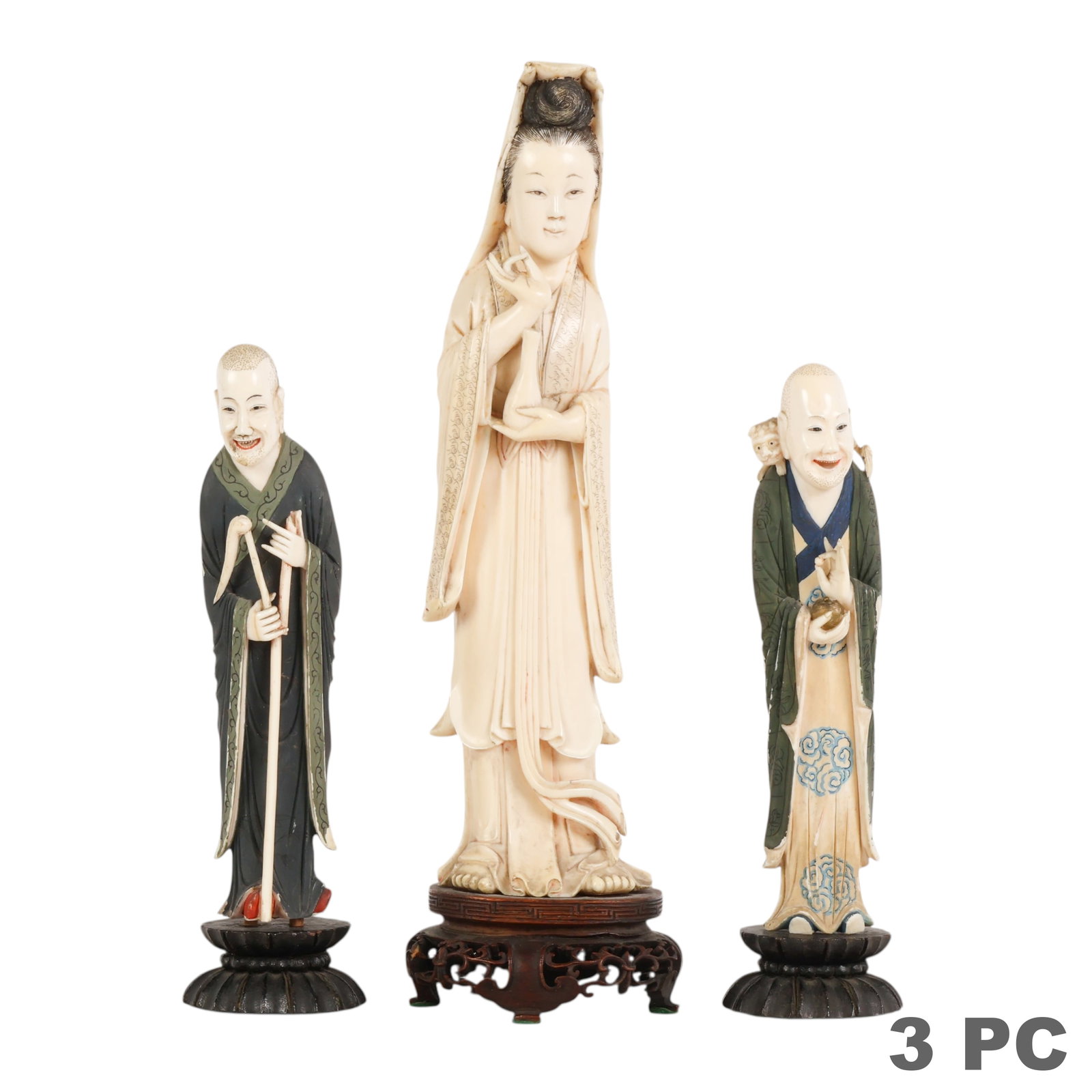 Chinese Carved Kwan Yin and Luohan Figures 3pc LOT: Group of three Chinese figural carvings executed in organic materials, comprising a standing Guanyin bodhisattva holding a purification vase and posed in a gesture of blessing, together with two polyc