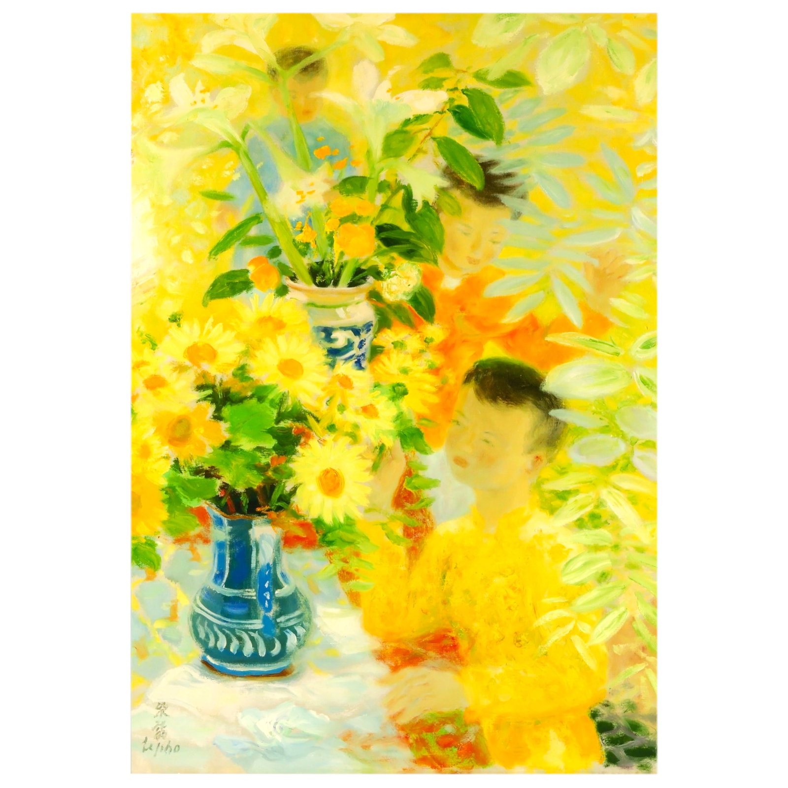 Children and Flowers Giclee on Canvas after LE PHO: After Le Pho (Vietnamese-French, 1907-2001), giclee on canvas depicting two children surrounded by abundant white lilies and yellow flowers arranged in blue and white porcelain vases. Rendered in the 