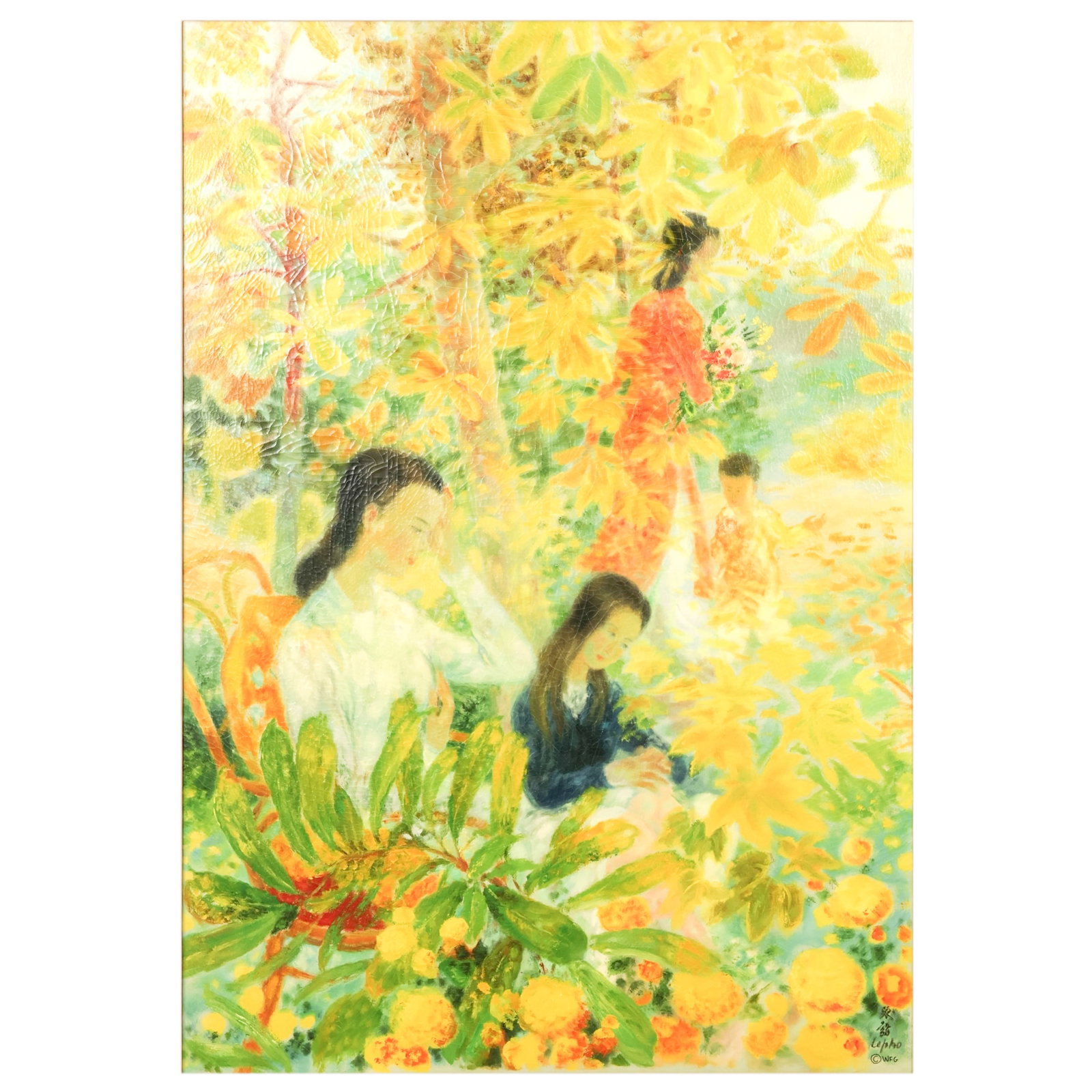 Figural Lush Garden Landscape Giclee after LE PHO: After Le Pho (Vietnamese/French, 1907-2001), color giclee on canvas depicting female figures in a garden setting with flowering plants and foliage. The composition presents elegantly rendered figures 