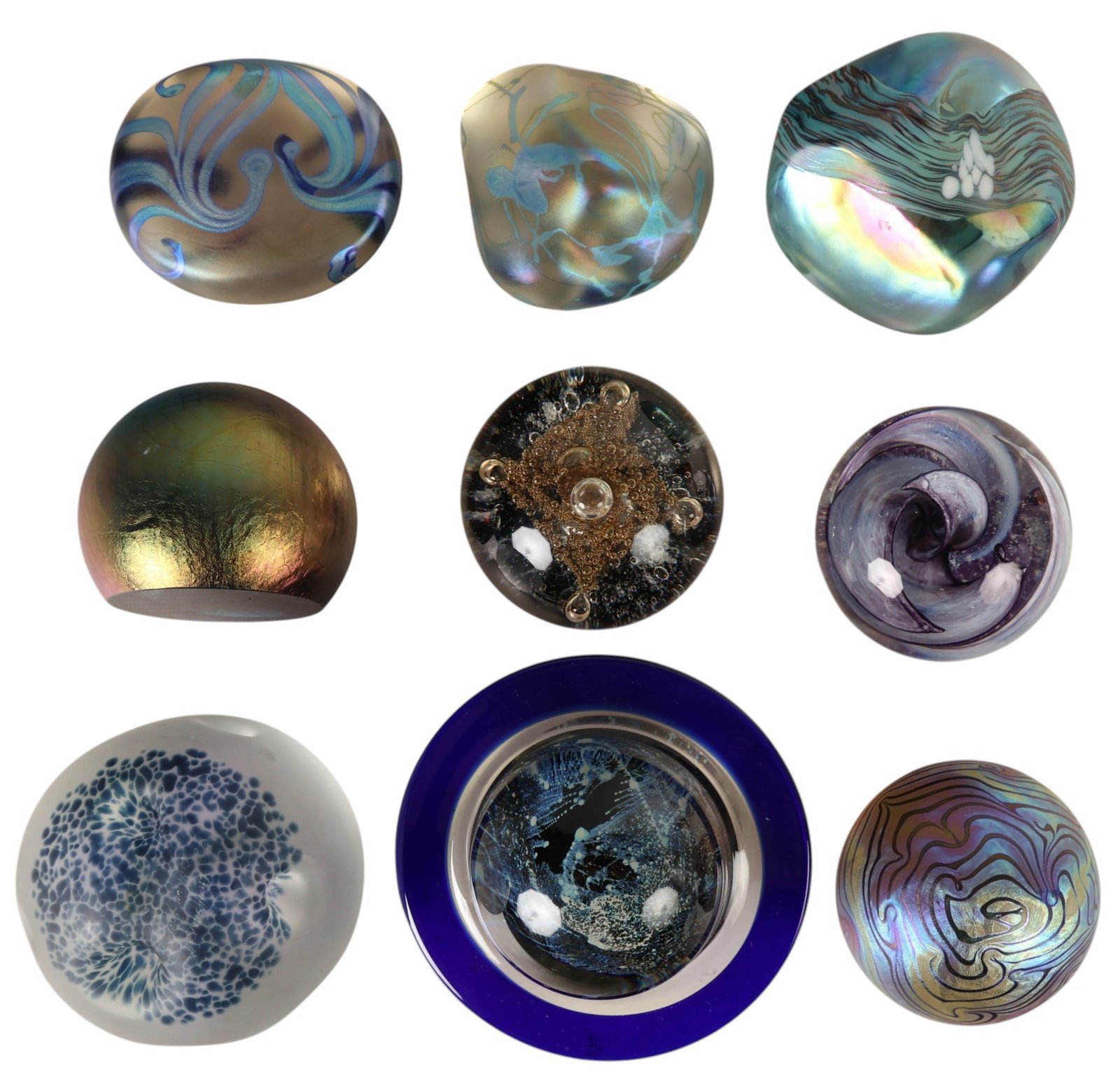 Eickholt Correia & More Paperweight 9pc ESTATE LOT: Collection of nine studio art glass paperweights in a variety of spherical and freeform forms featuring iridescent, controlled bubble, and abstract swirl decorations. The group includes three examples