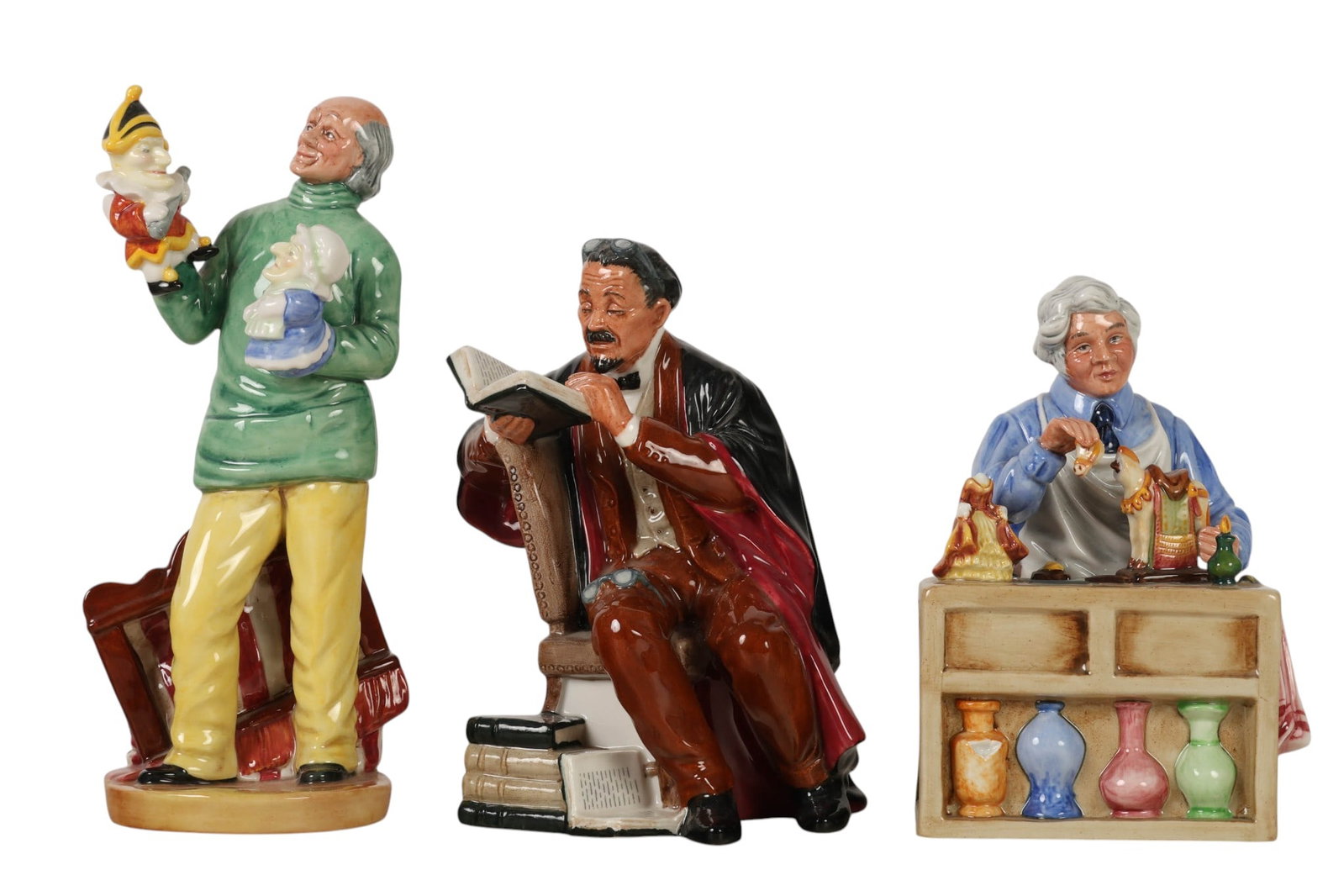 Royal Doulton English Porcelain Figurines 3pc LOT: Royal Doulton England estate lot of three curio cabinet display figurines including The China Repairer HN2943 designed by Robert Tabbenor 1982-1988, The Professor HN2281 designed by Mary Nicoll 1984-1