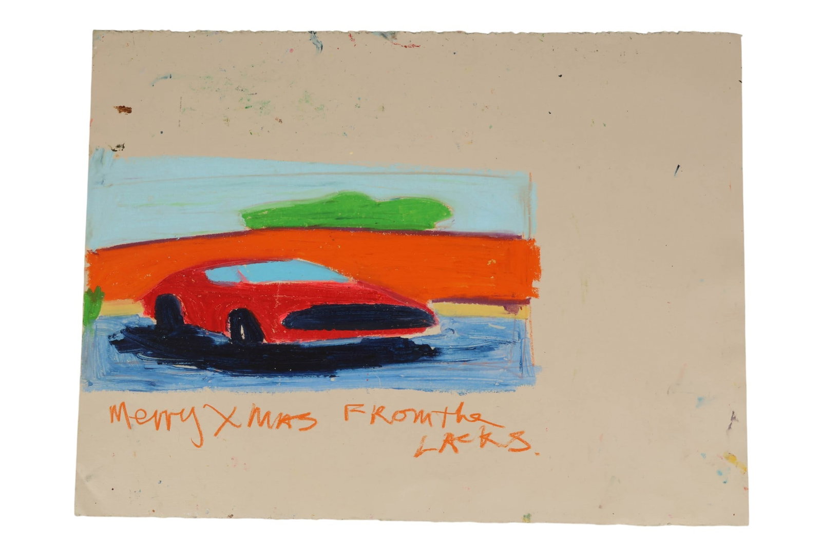 Stephen Lack (b.1946) Race Car Oil Stick Drawing: Stephen Lack (American, born 1946), Red Car, oil stick on paper. This expressive composition depicts a stylized red automobile set within a simplified, abstracted landscape. The work features bold, ge