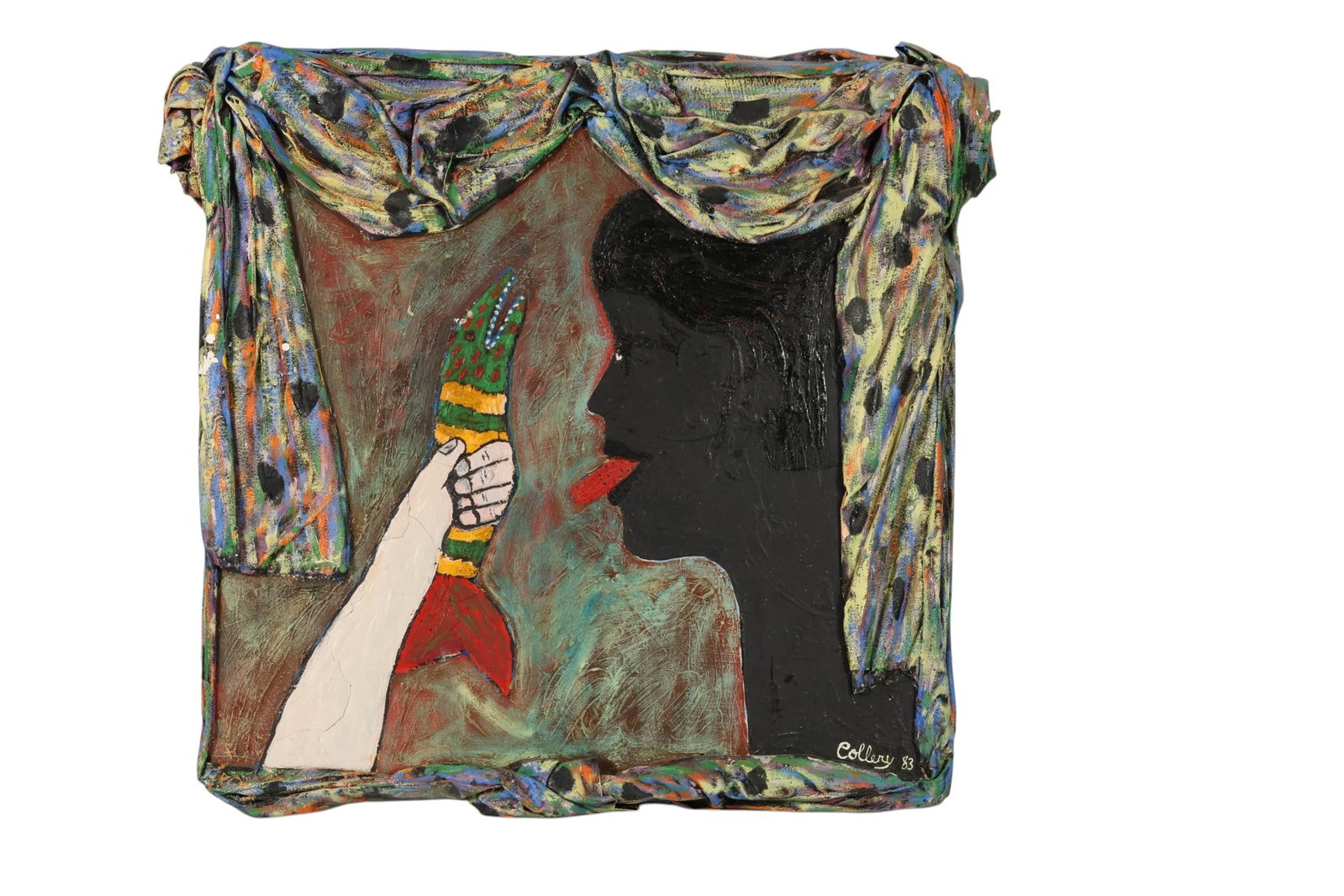 Paula Collery b.1954 Eating Fish Cloth Wax Relief: Paula Collery (American, born 1954), oil on masonite with cloth and wax figural relief painting, 1983, depicting a wall-mounted abstract composition featuring a stylized profile portrait and a hand ho