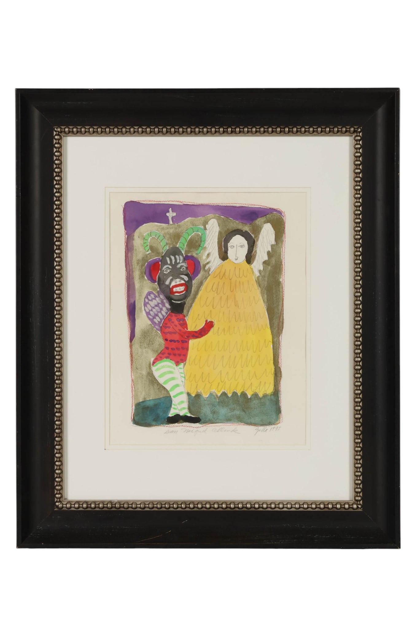 Zella Funck 1917-2009 Folk Art Watercolor Painting: Zella Funck (American, 1917-2009), watercolor on paper painting depicting a stylized angelic figure alongside a fantastical horned figure, rendered in bold colors and a naive composition. The work is 