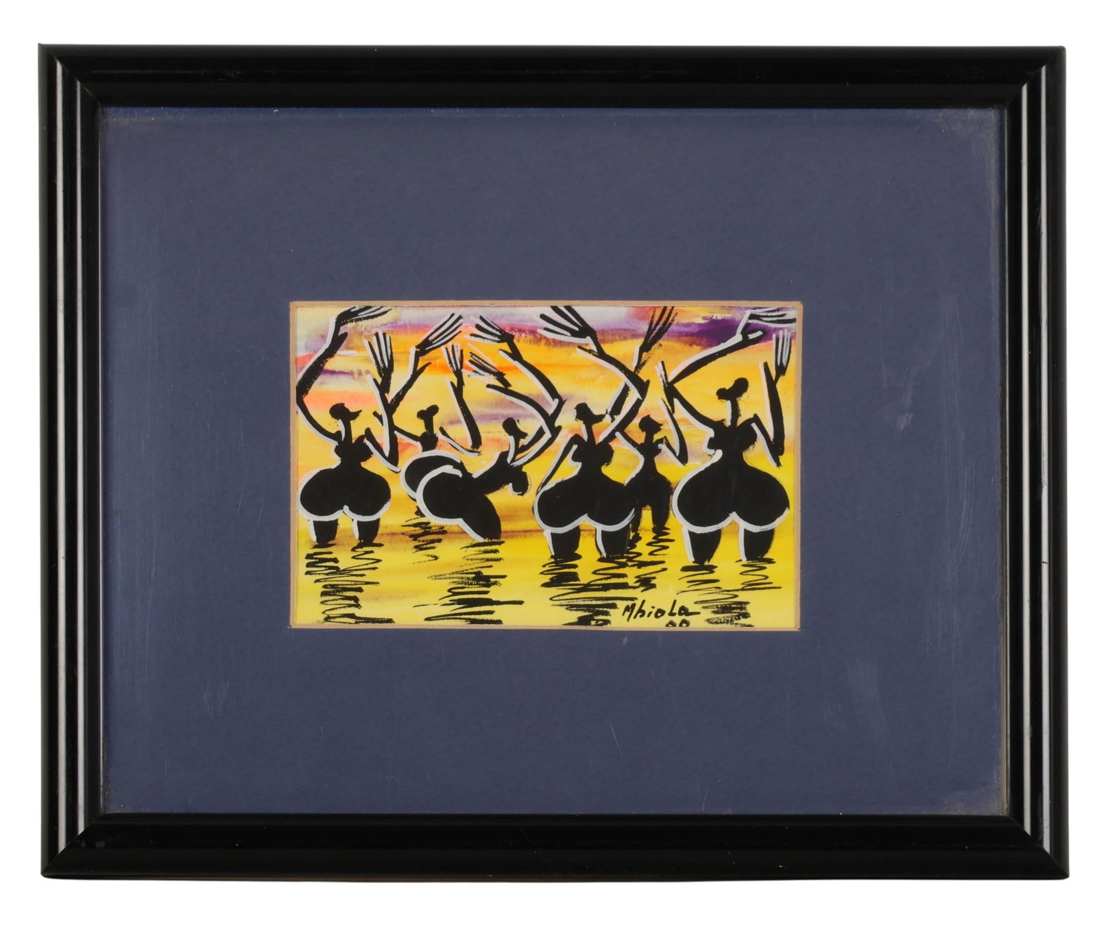 Frederick Mbiola 20C Figures Wading Water Painting: Frederic Mbiola (Congolese, 20th/21st century), acrylic painting on paper depicting a figural scene rendered in a bold, graphic style with silhouetted figures arranged in a rhythmic composition agains