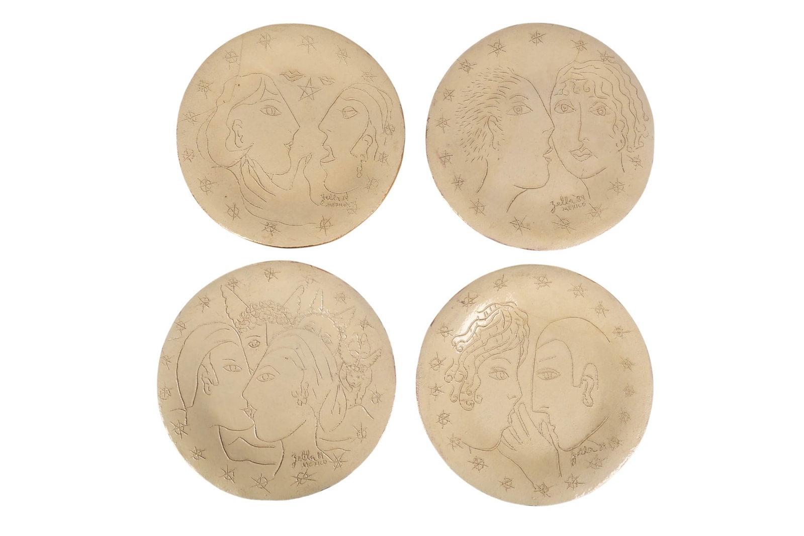 Zella Funck 1917-2009 Art Pottery Plates 4pc. LOT: Zella Funck (American, 1917-2009), four studio art pottery plates featuring incised figural compositions of two stylized faces surrounded by a border of stars, rendered in a modernist, expressive Pica