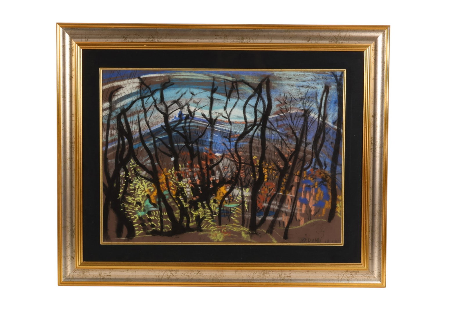 Landscape with Dark Trees & Village Pastel SIGNED: Pastel on paper depicting a landscape composition with dark tree forms in the foreground overlooking a village and rolling hills. The work features bold linear tree silhouettes contrasted against a la