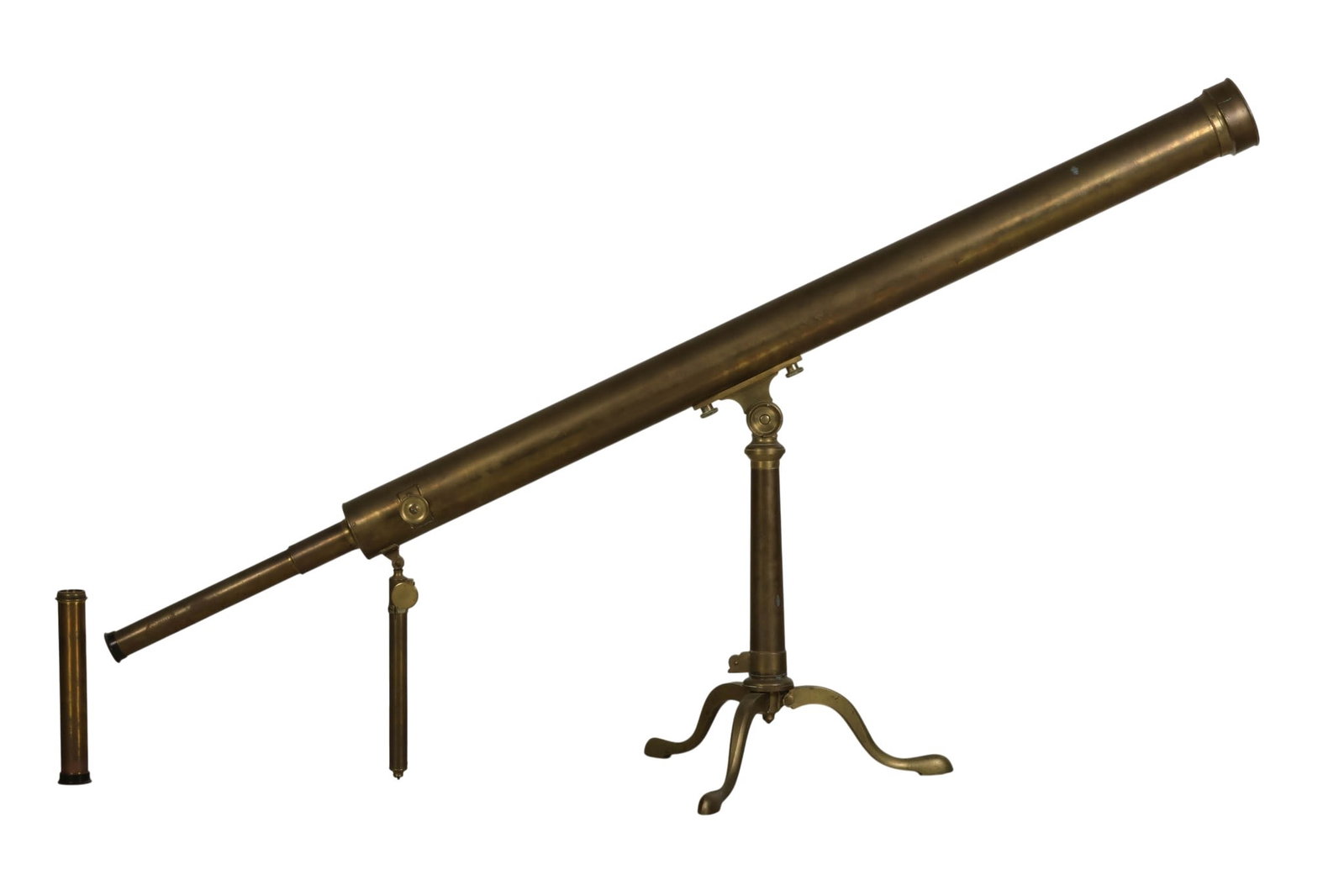 Antique Style Brass Tripodal Maritime Telescope: Antique style brass floor standing nautical telescope on a tripod stand featuring a cylindrical body with extending sections and a side-mounted viewing scope arranged in a T-formation on an articulate