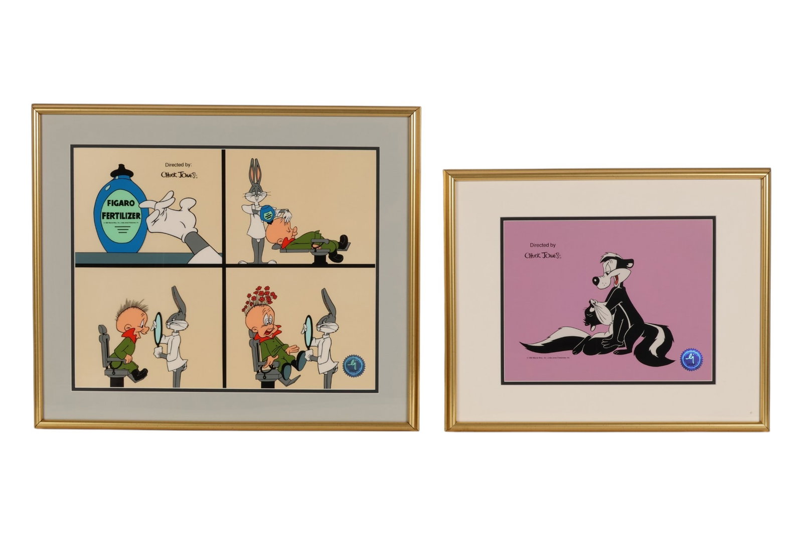 Bugs Bunny Sylvester LE Serigraph Cel 2pc. LOT: Two Chuck Jones for Warner Bros. limited edition serigraph cels titled Figaro and For Scent-imental Reasons, featuring Bugs Bunny and Pepe Le Pew characters. The works are produced by Linda Jones Ente