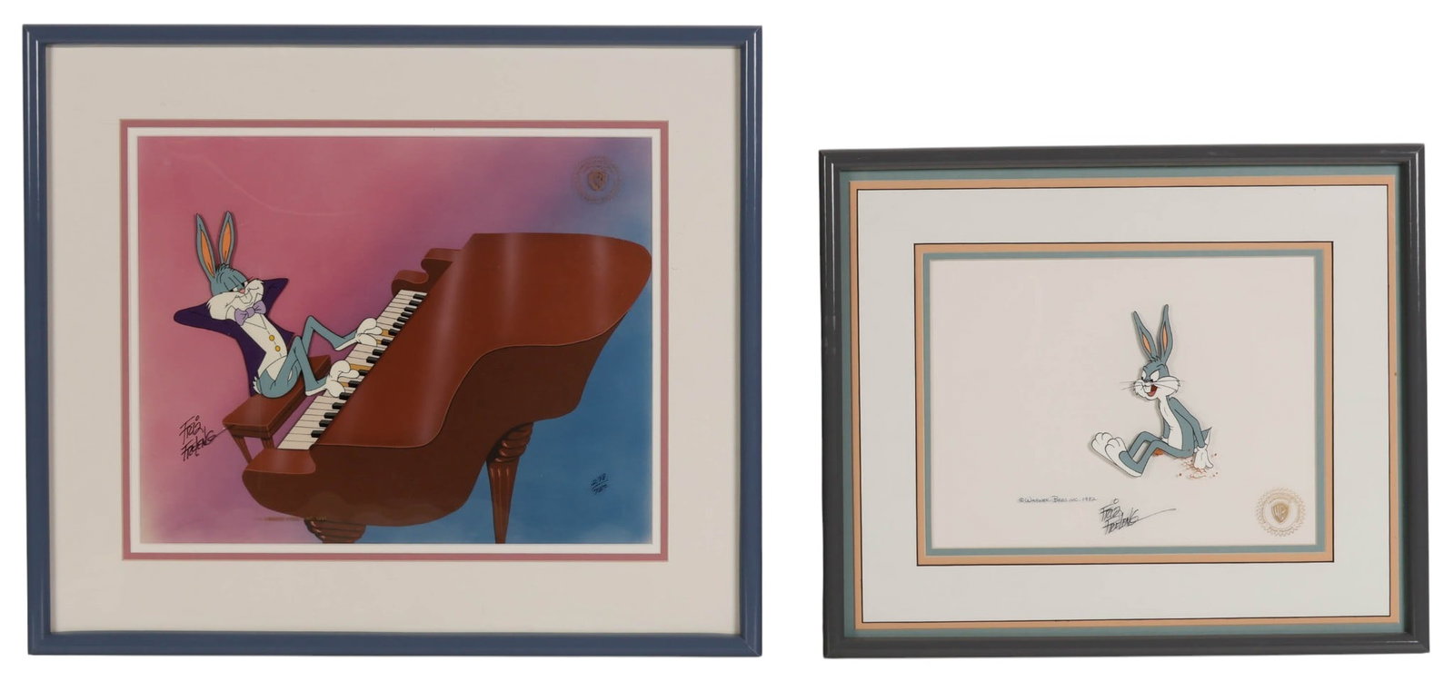 Friz Freleng Bugs Bunny SIGNED Animation Cel LOT: Two Warner Bros. Bugs Bunny animation cels, including Rhapsody Rabbit and Bugs Bunny, both limited edition serigraph cels depicting the iconic character. The Rhapsody Rabbit example is numbered 298 of