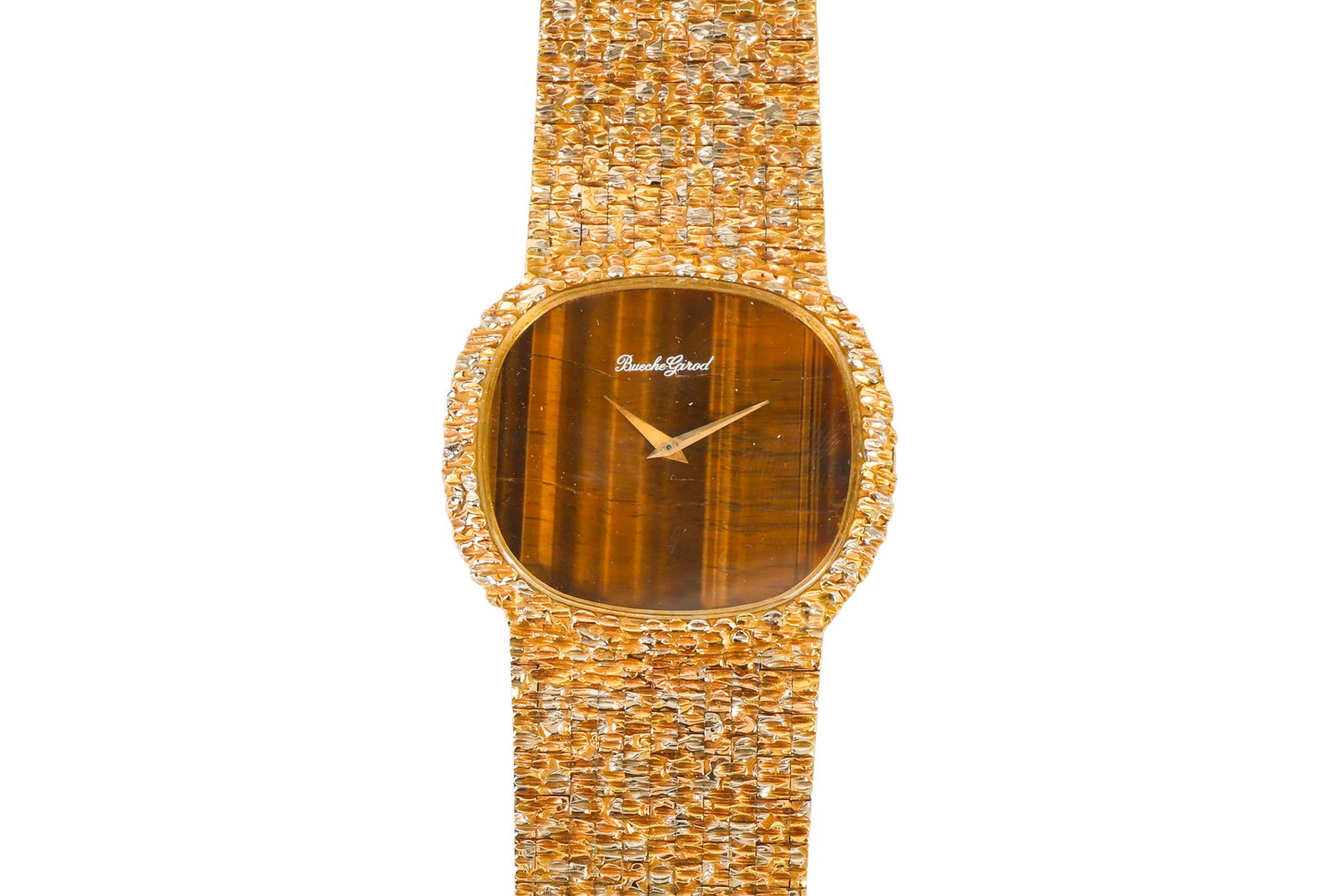 18K Yellow Gold Bueche Girod Model "Y9822" Watch: Vintage Bueche Girod Model Y9822 wristwatch crafted in 18K yellow gold. Features an oval case with textured bark-finish bezel and integrated tapering bracelet, accented by a tiger's eye stone dial wit