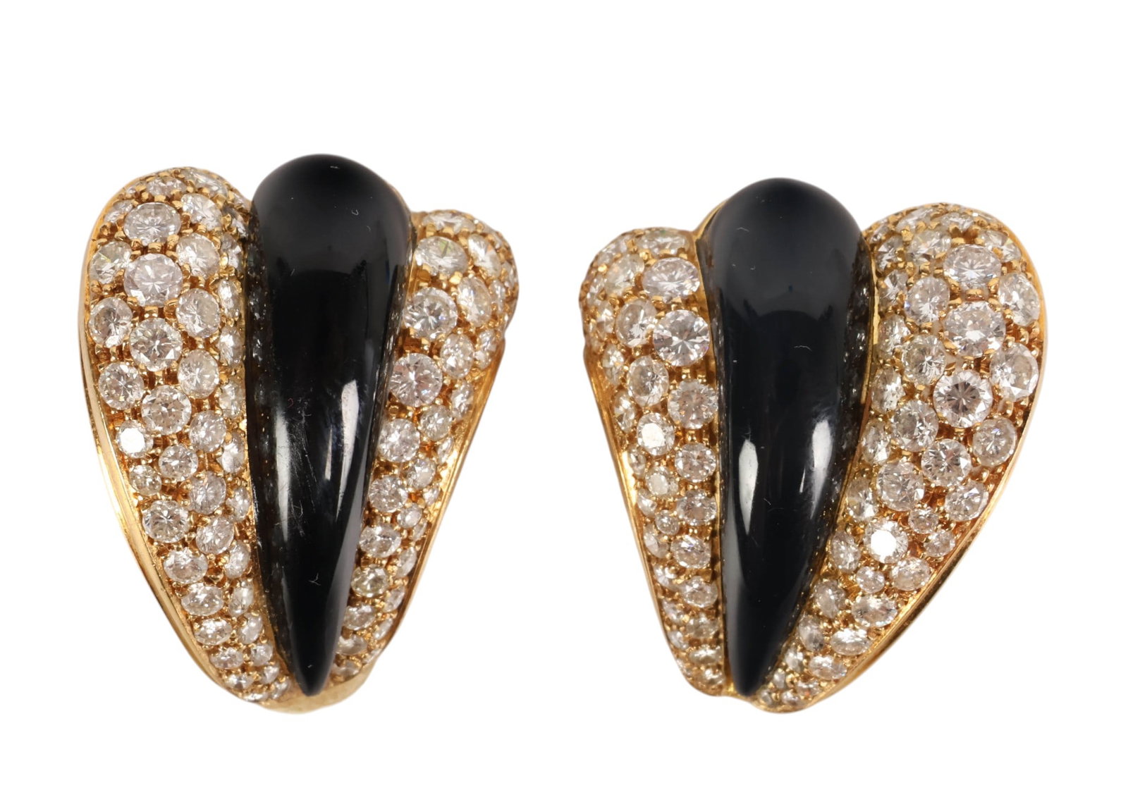 18k Yellow Gold Diamond and Onyx Earrings 28.5g.: Pair of 18K yellow gold diamond and black onyx luxury designer earclips. Featuring a bold sculptural design accented with black onyx elements, each pave set with numerous round brilliant cut diamonds 