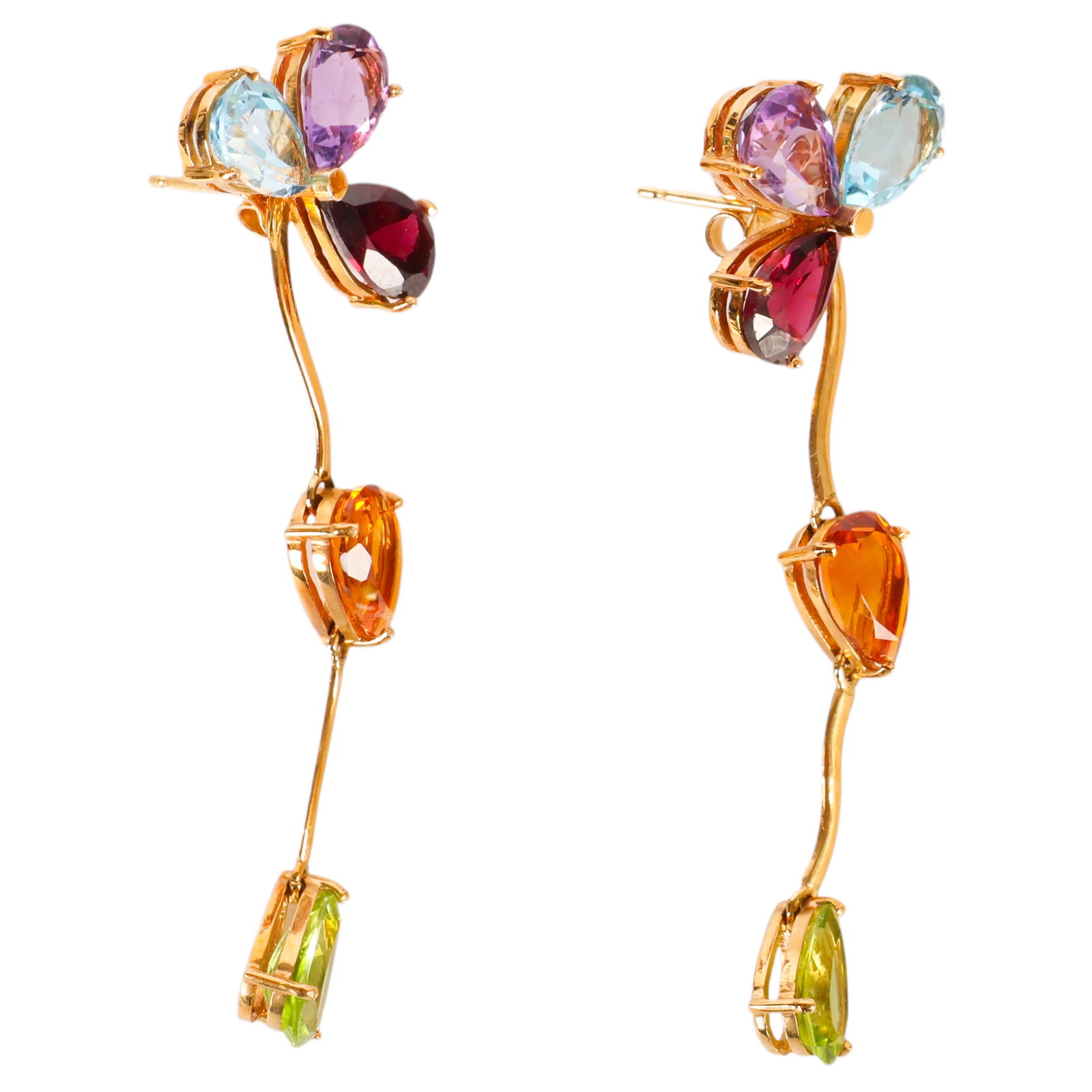 18K Gold Multi Gemstone Flower Drop Earrings 5.7g.: Pair of 18K yellow gold drop earrings featuring a floral motif composed of faceted pear-shaped gemstones, including blue topaz, amethyst, garnet, citrine, and peridot. Each earring is designed with a 