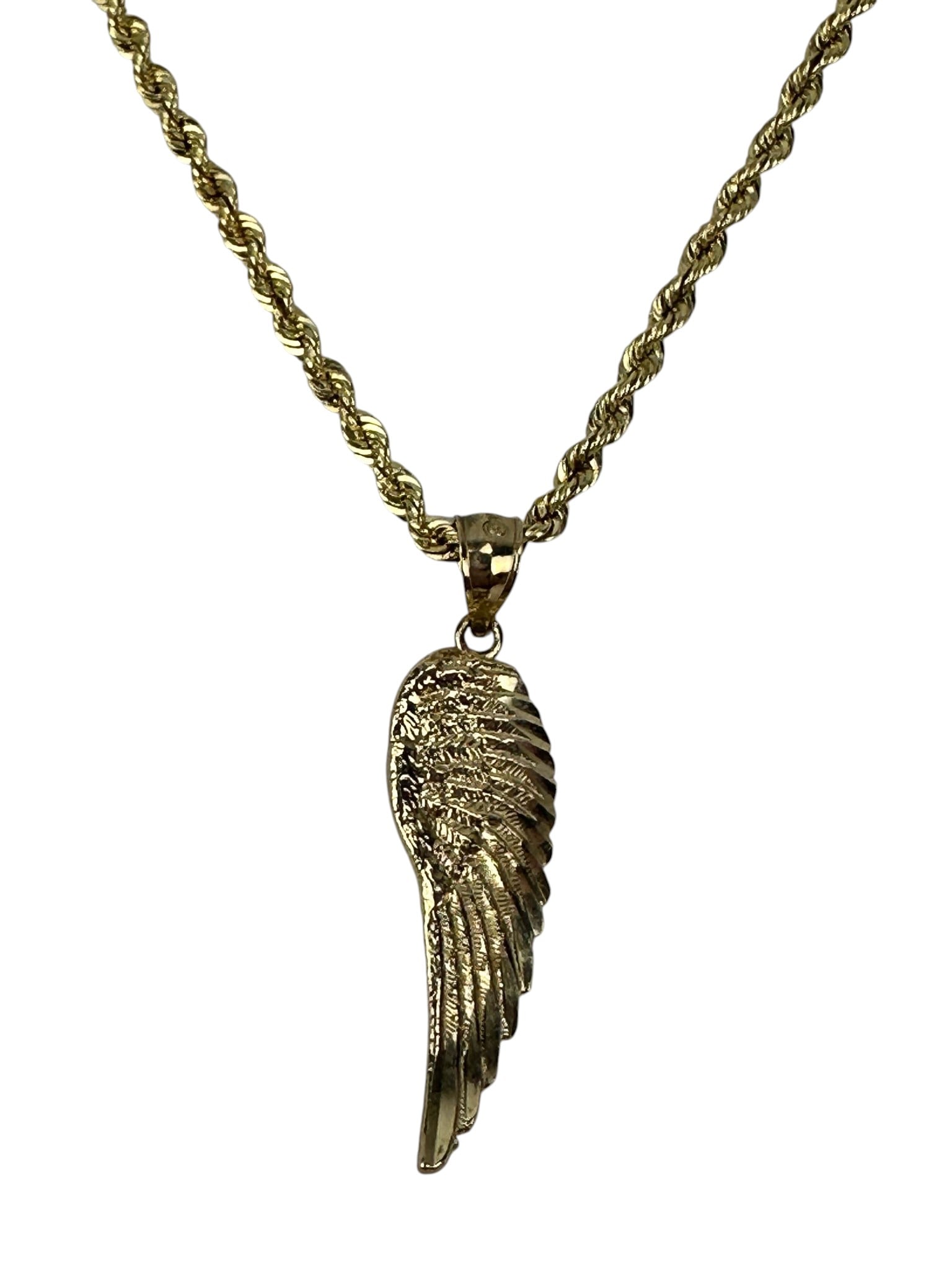 14K Yellow Gold Chain & 10K Gold Wing Pendant 3g.: 14k yellow gold rope twist chain necklace accompanied with a 10k yellow gold wing form pendant. The pendant displays textured feather detailing and is attached via a polished bail. The chain is secure